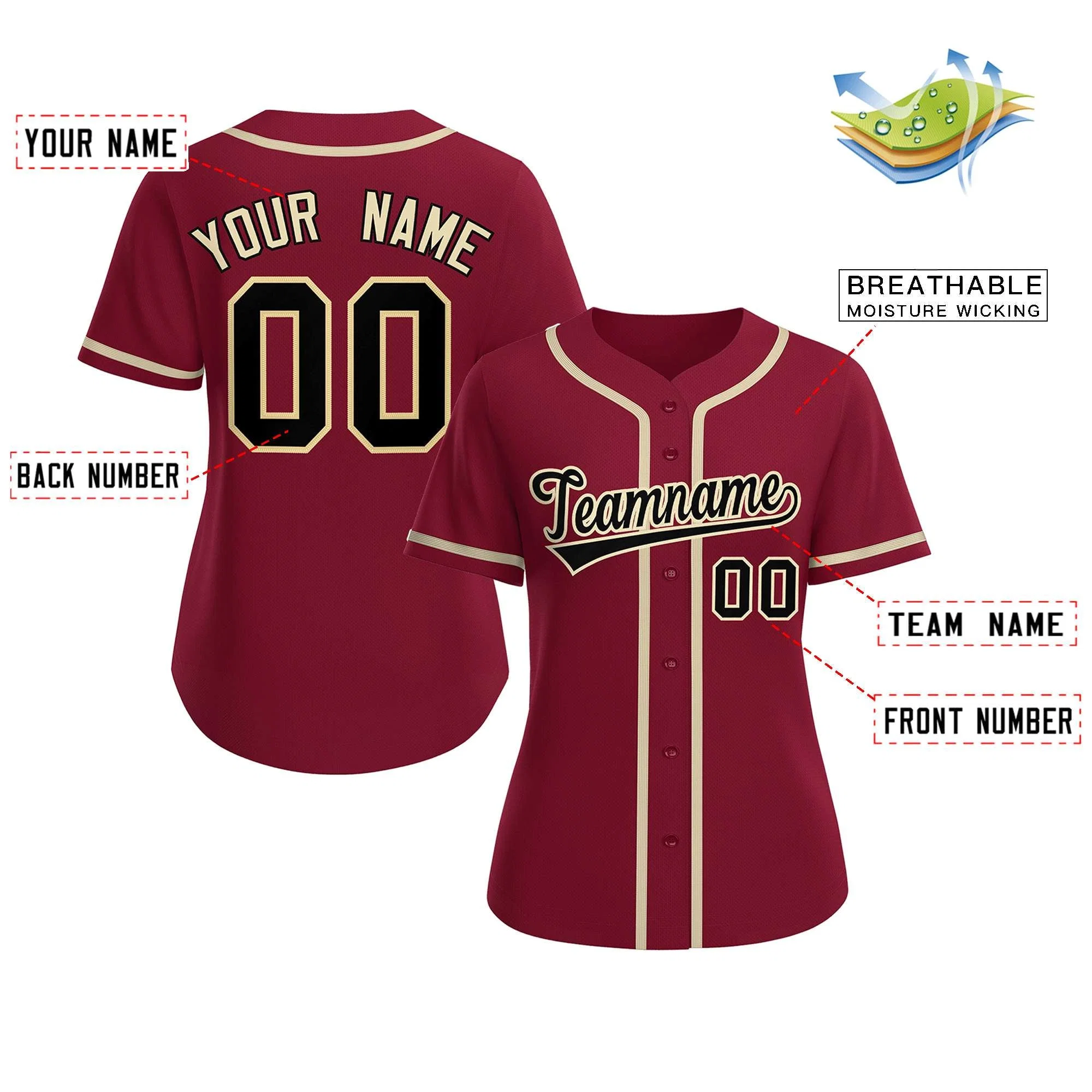 Custom Crimson Black-Khaki Classic Style Baseball Jersey For Women - Image 2