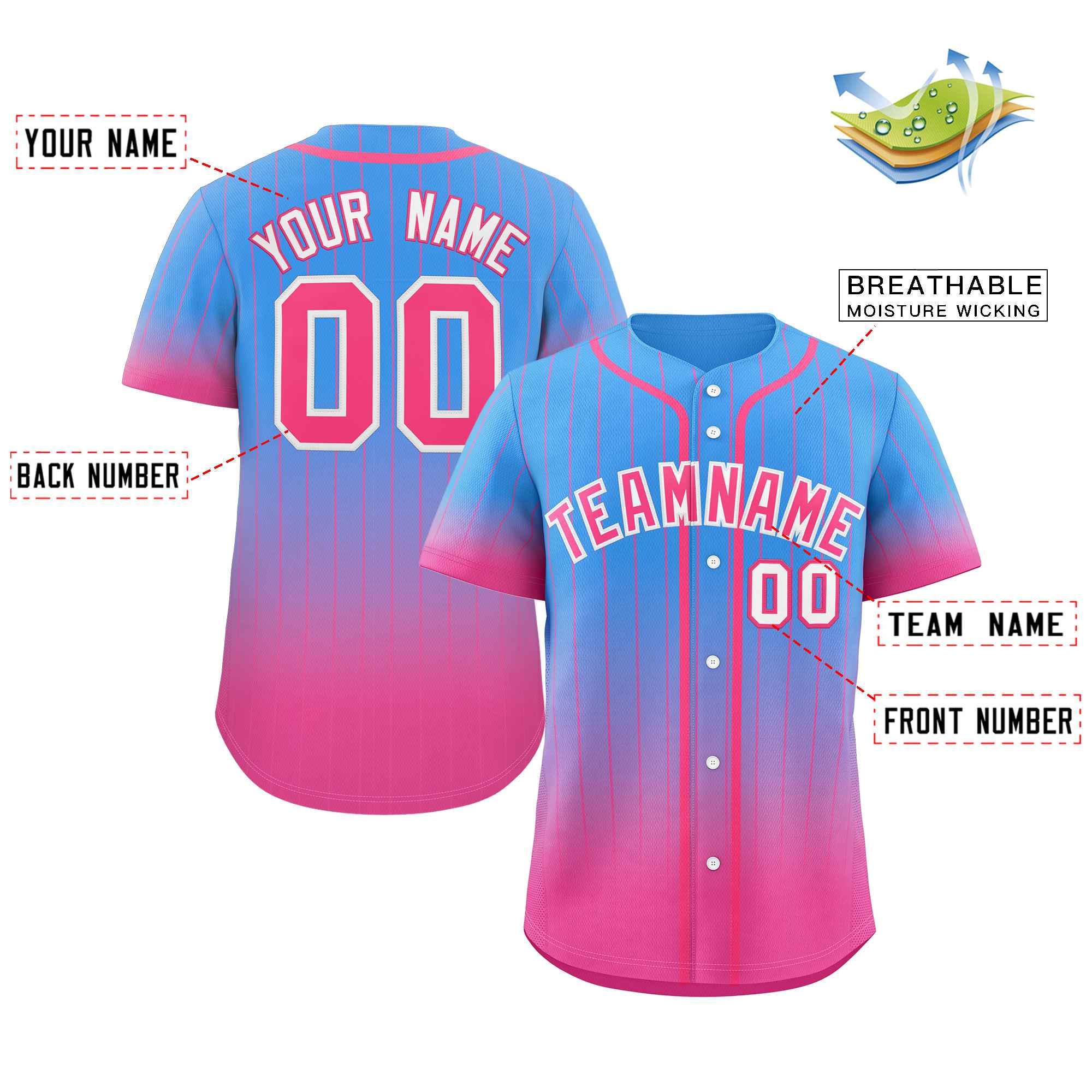 Custom Powder Blue Pink-White Gradient Stripe Fashion Authentic Baseball Jersey - Image 2