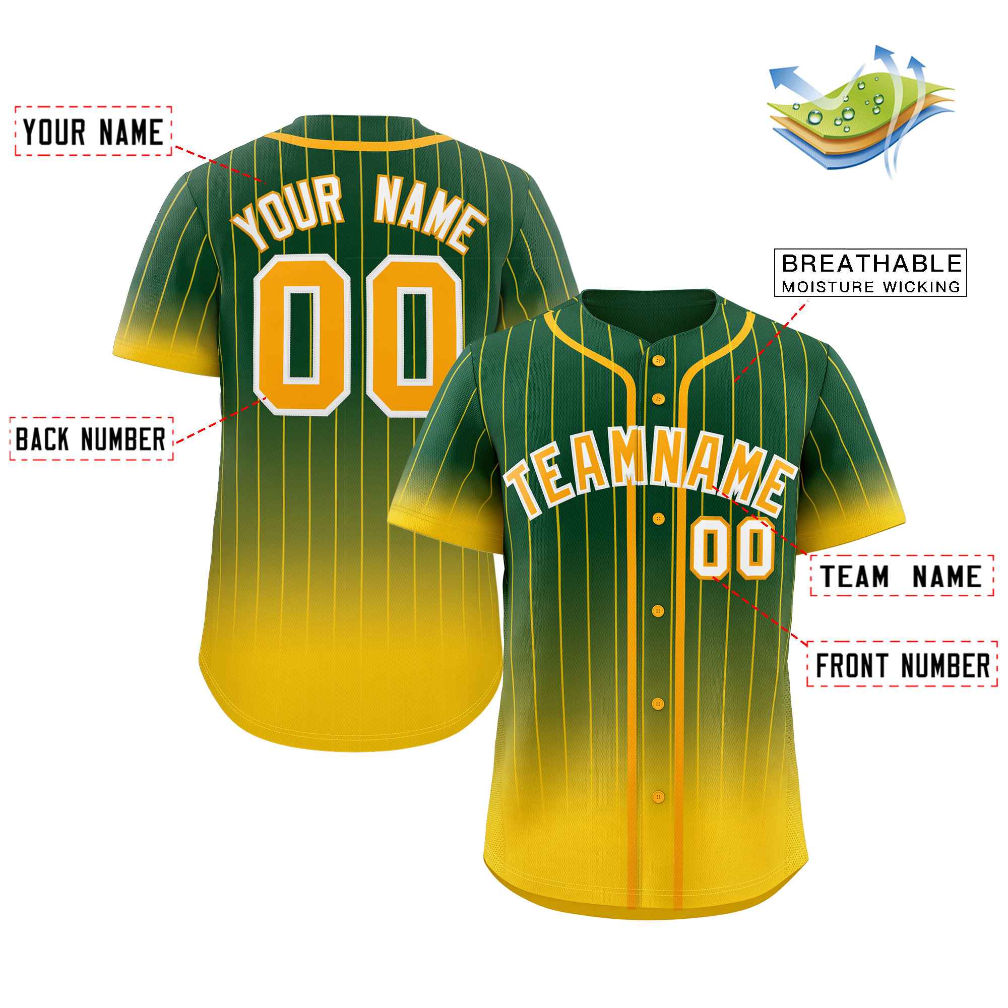 Custom Green Gold-White Gradient Stripe Fashion Authentic Baseball Jersey - Image 2