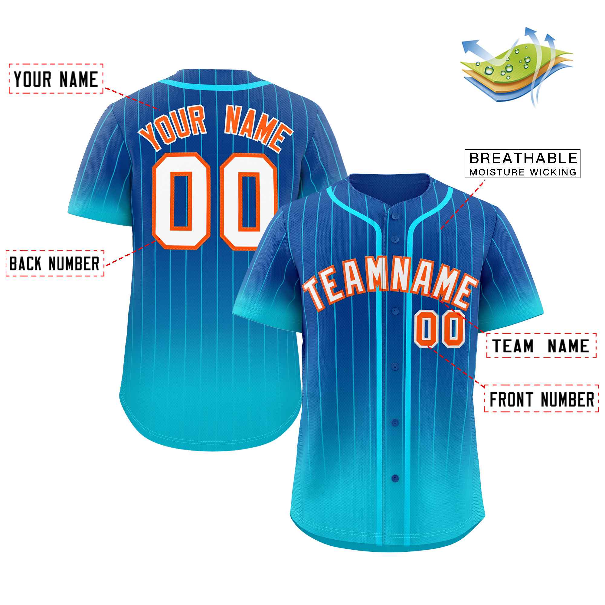 Custom Royal Sky Blue-Orange Gradient Stripe Fashion Authentic Baseball Jersey - Image 2
