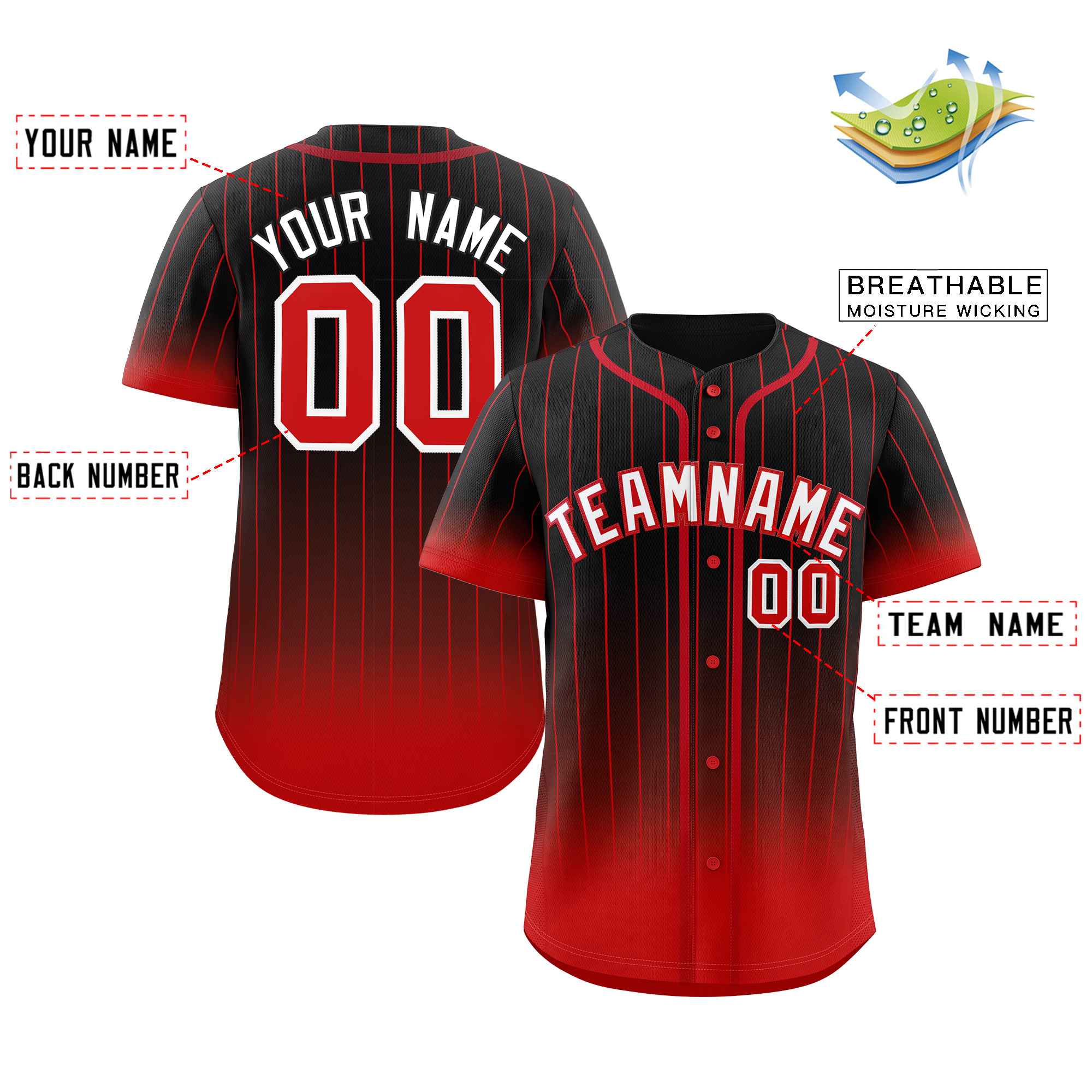 Custom Black Red-White Gradient Stripe Fashion Authentic Baseball Jersey - Image 2