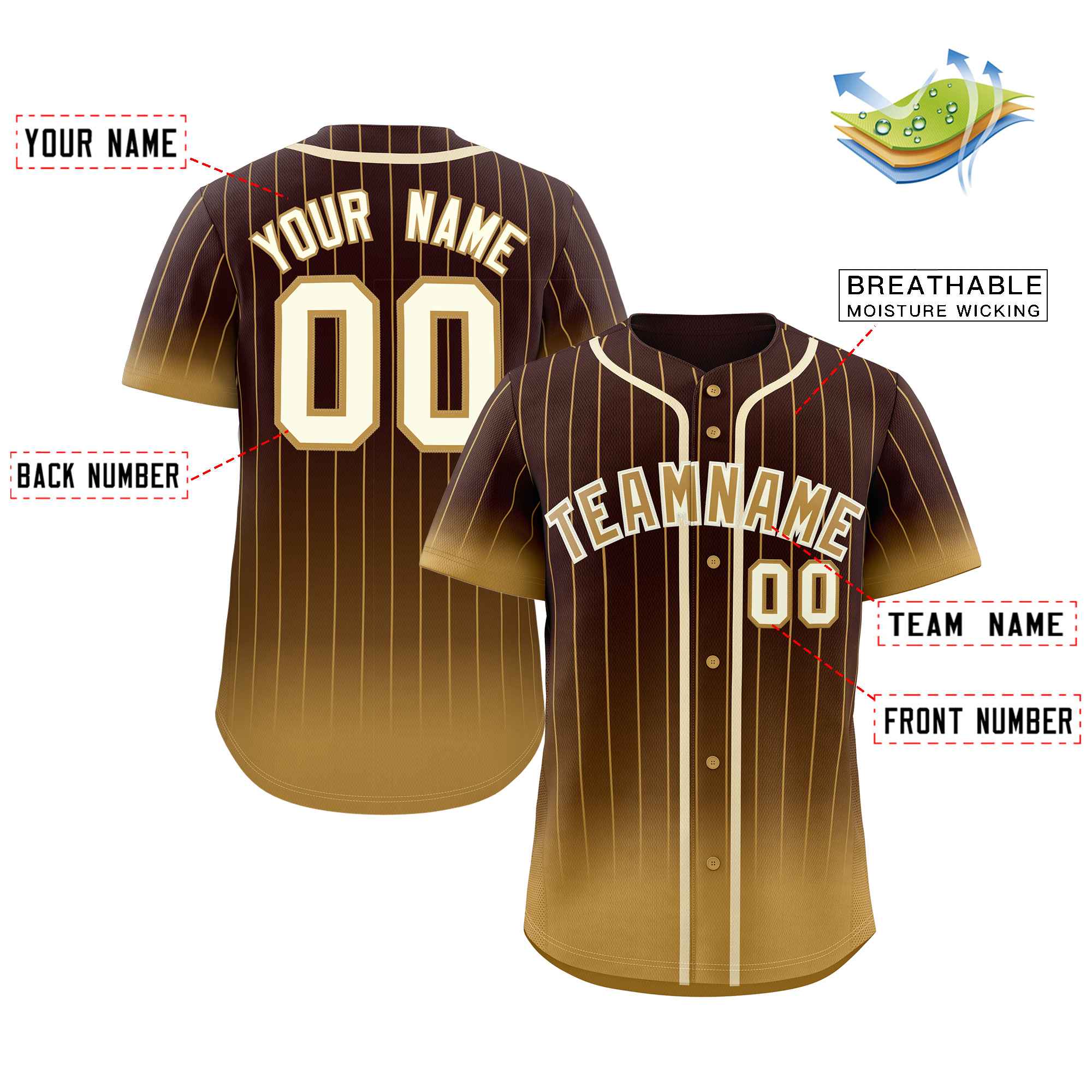 Custom Brown Old Gold-Cream Gradient Stripe Fashion Authentic Baseball Jersey - Image 2
