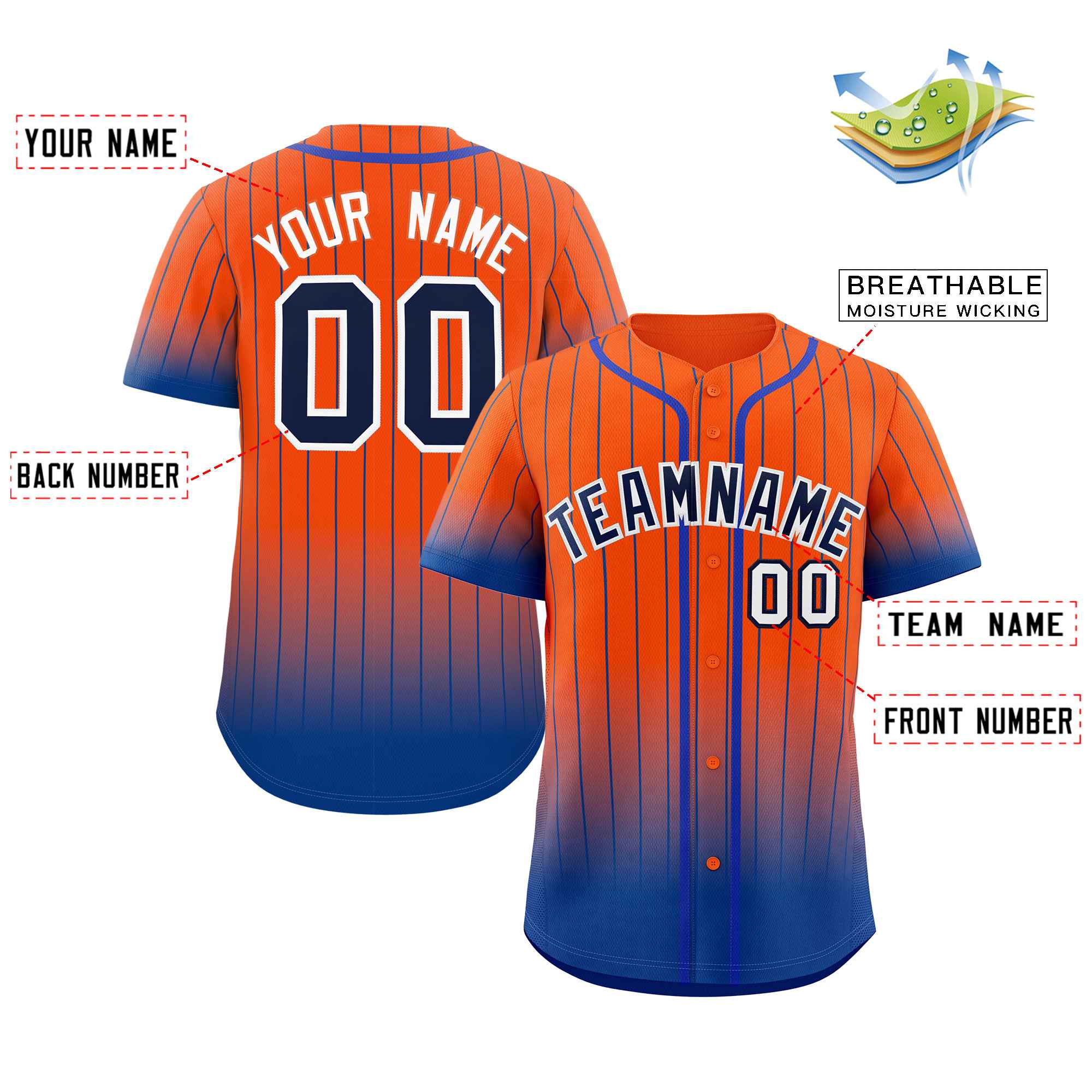 Custom Orange Royal-White Gradient Stripe Fashion Authentic Baseball Jersey - Image 2