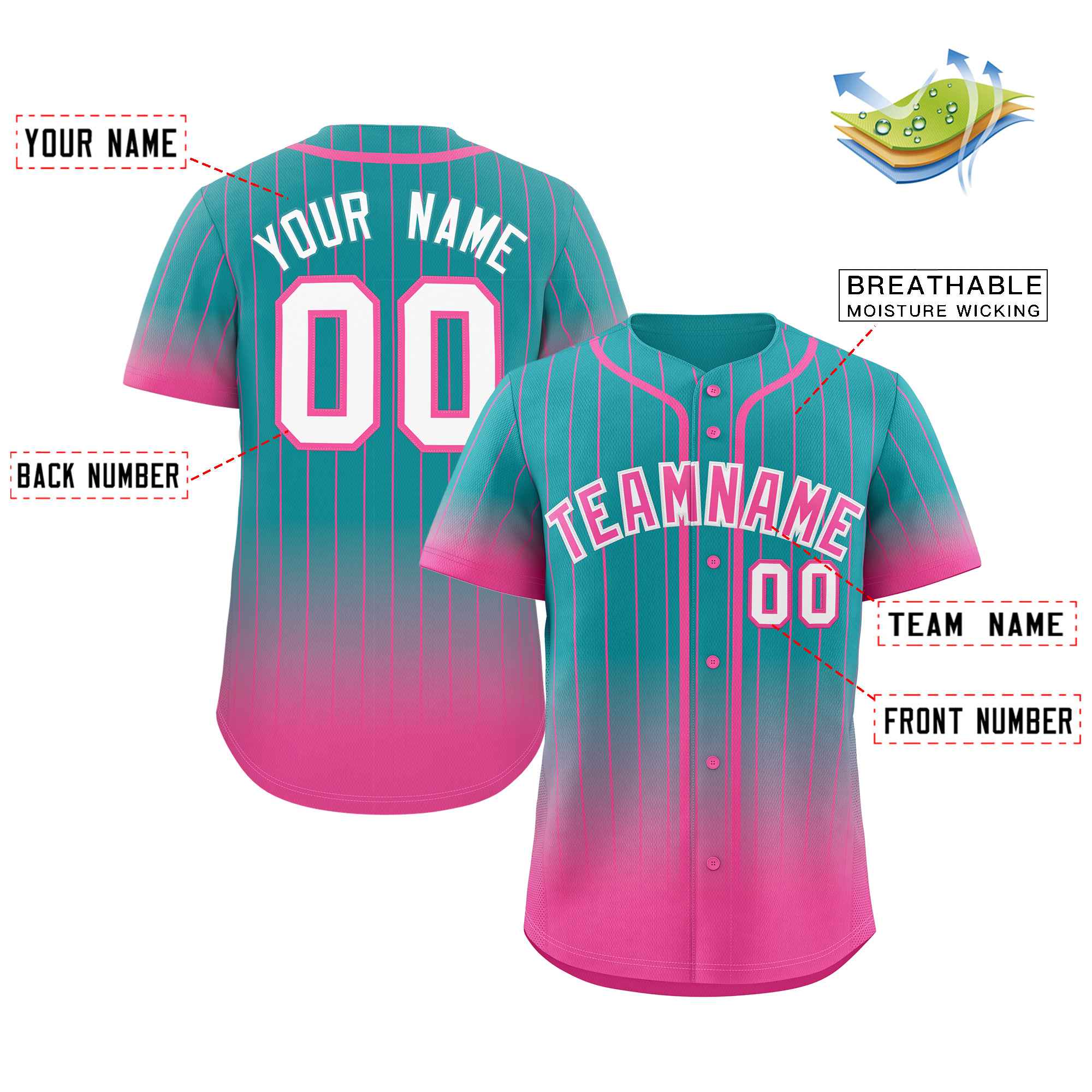 Custom Aqua Pink-White Gradient Stripe Fashion Authentic Baseball Jersey - Image 2
