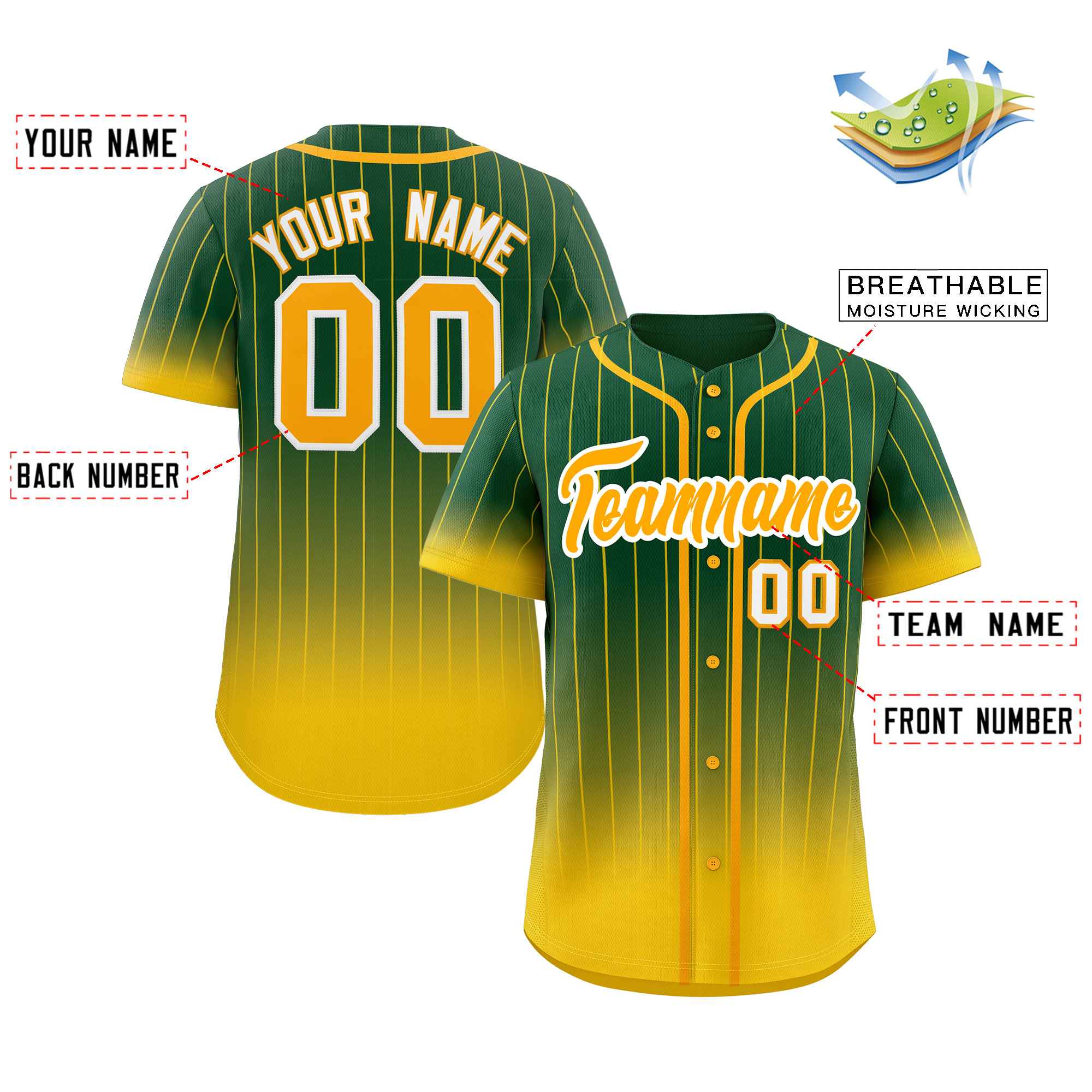 Custom Green Gold-White Gradient Stripe Fashion Authentic Baseball Jersey - Image 2