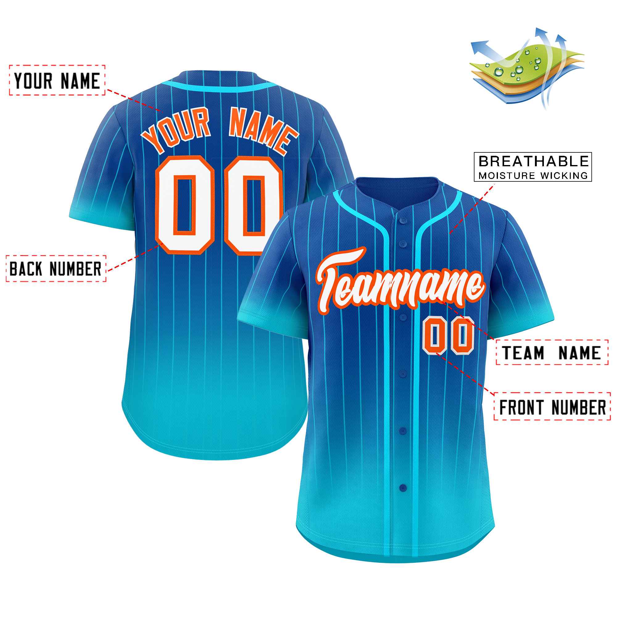 Custom Royal Sky Blue-Orange Gradient Stripe Fashion Authentic Baseball Jersey - Image 2