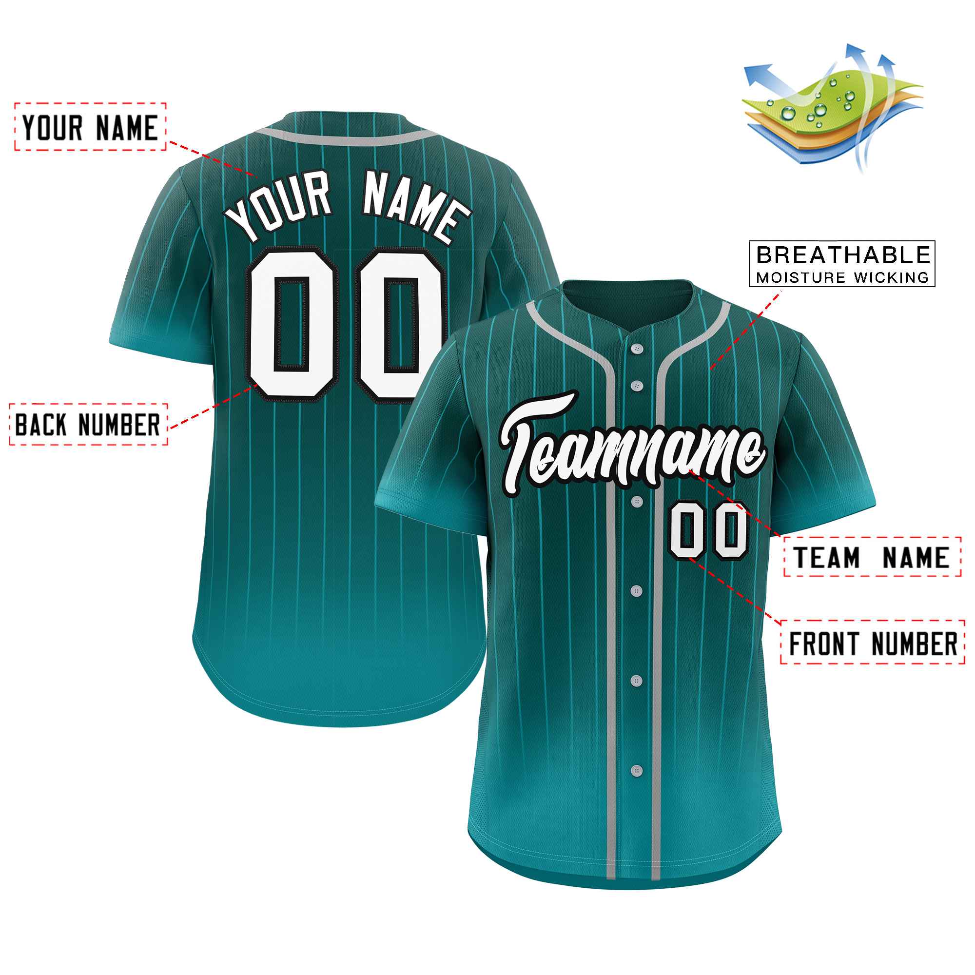 Custom Aqua white-Black Gradient Stripe Fashion Authentic Baseball Jersey - Image 2