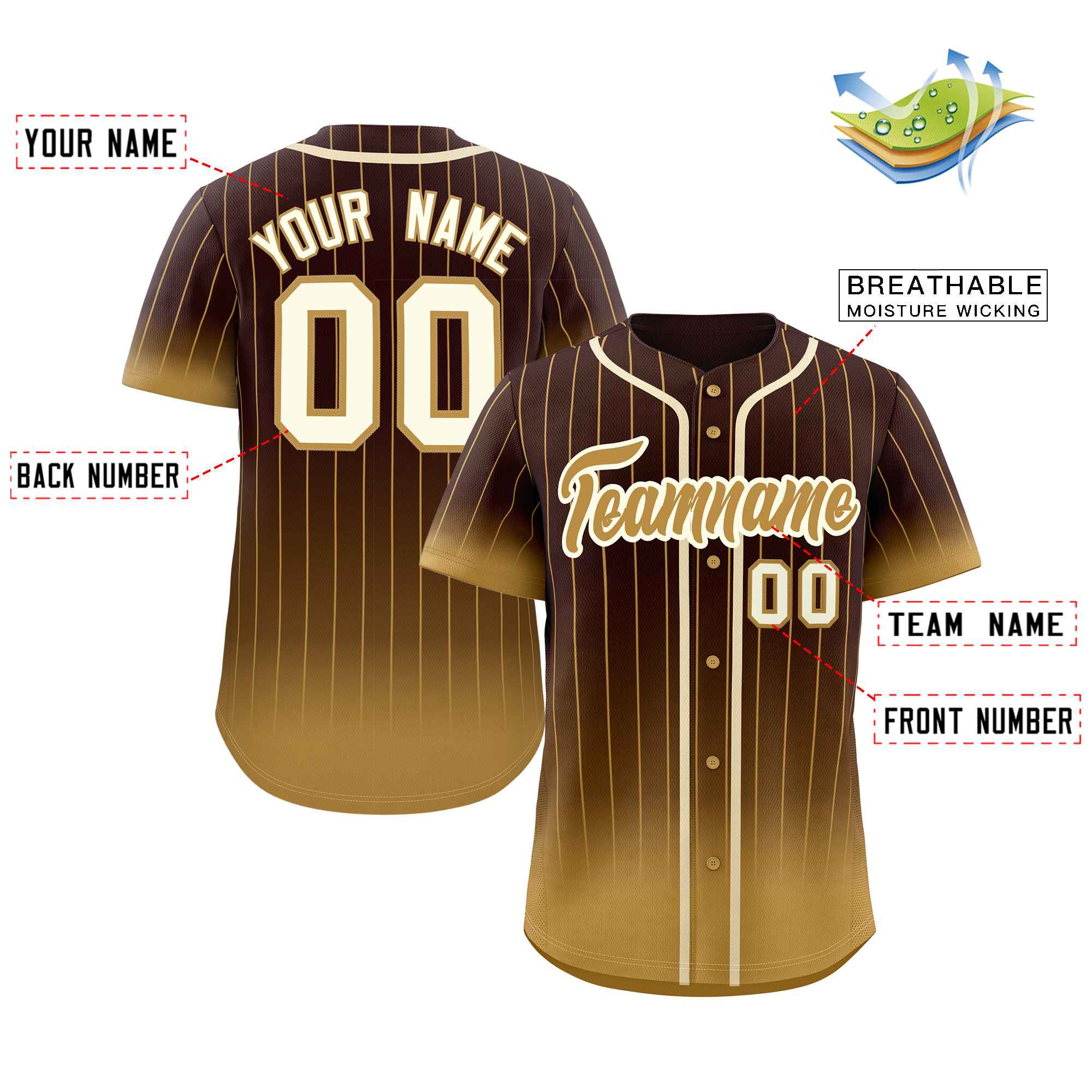 Custom Brown Old Gold-Cream Gradient Stripe Fashion Authentic Baseball Jersey - Image 2
