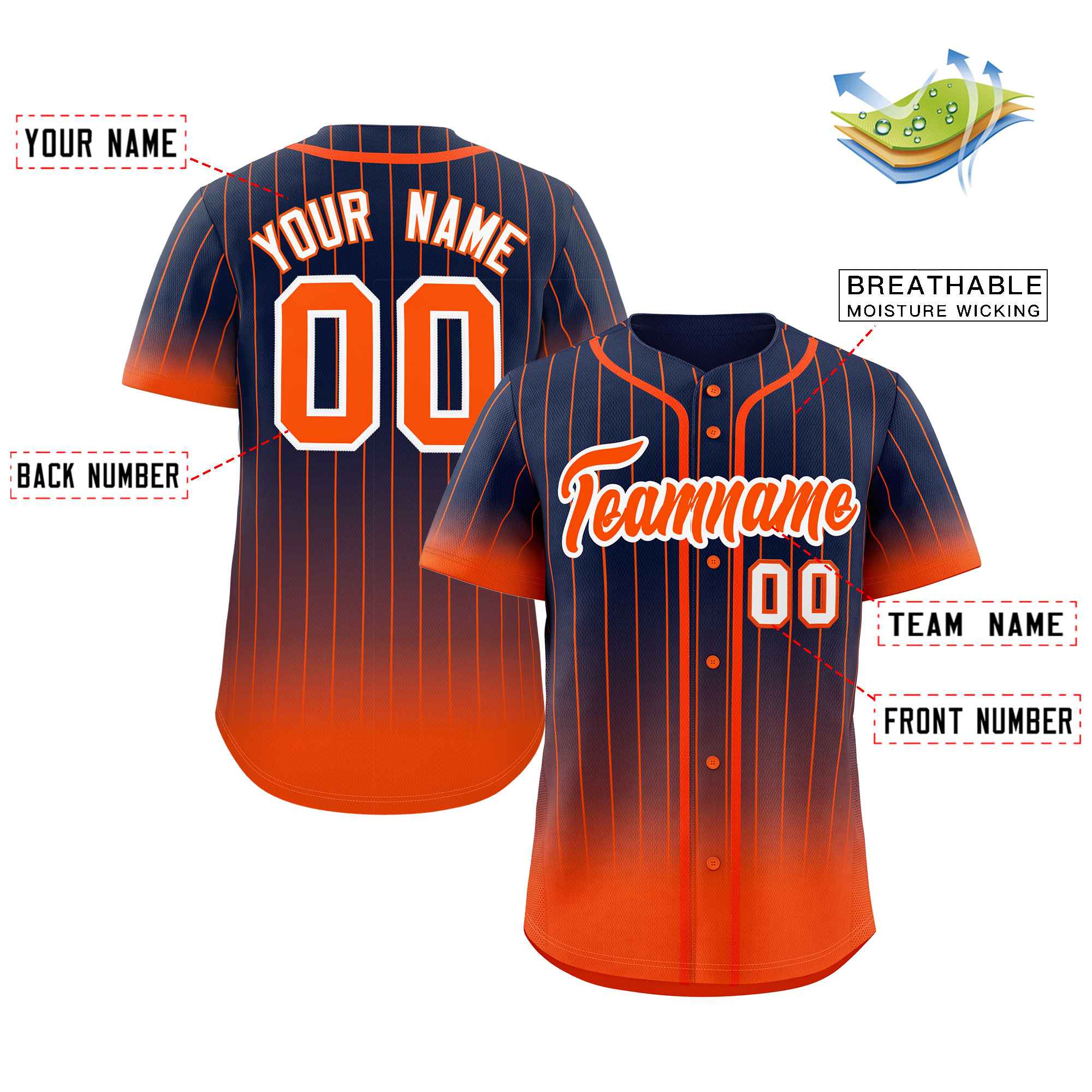 Custom Navy Orange-White Gradient Stripe Fashion Authentic Baseball Jersey - Image 2