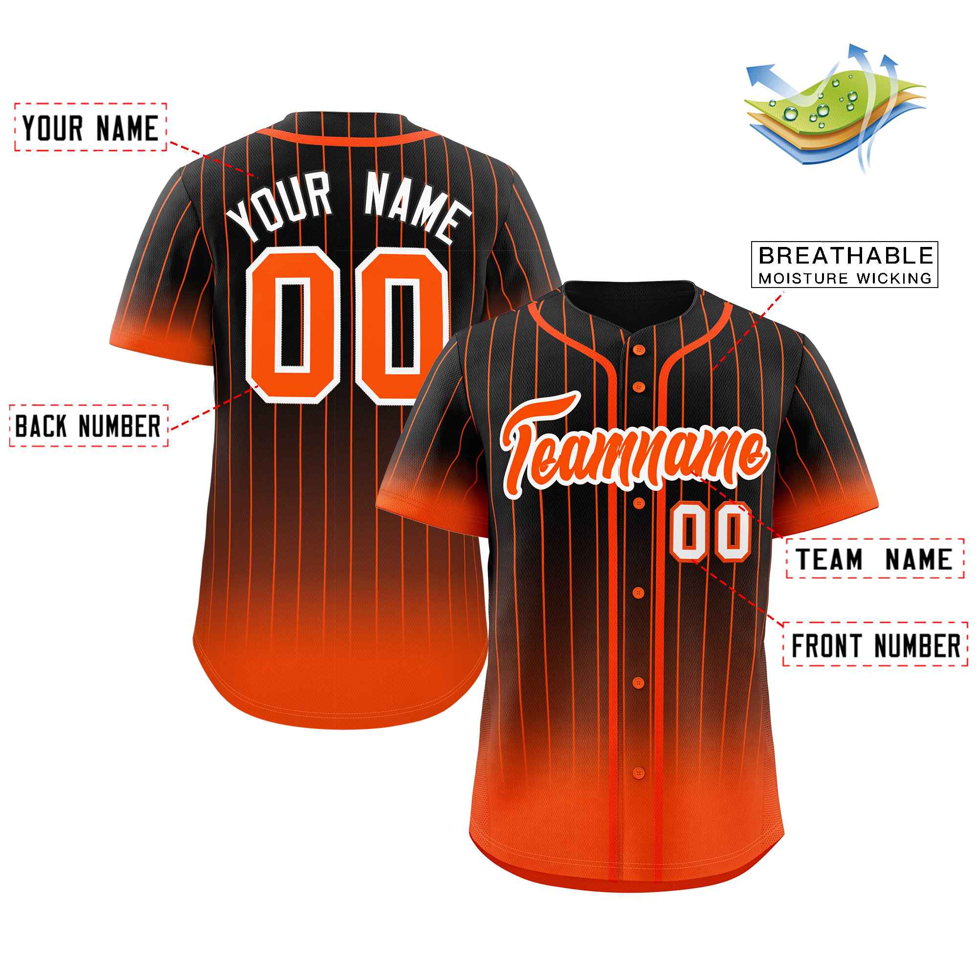 Custom Black Orange-White Gradient Stripe Fashion Authentic Baseball Jersey - Image 2
