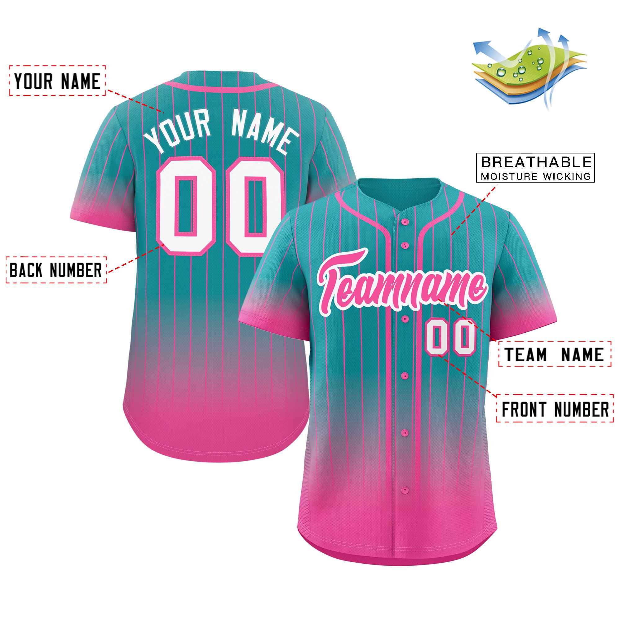Custom Aqua Pink-White Gradient Stripe Fashion Authentic Baseball Jersey - Image 2