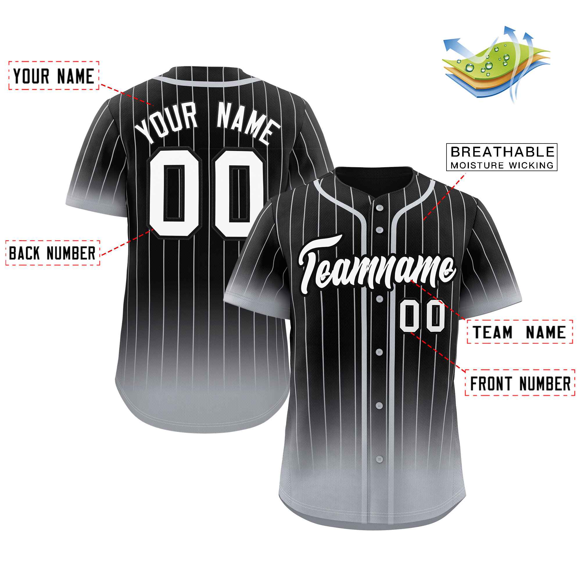 Custom Black Gray-White Gradient Stripe Fashion Authentic Baseball Jersey - Image 2