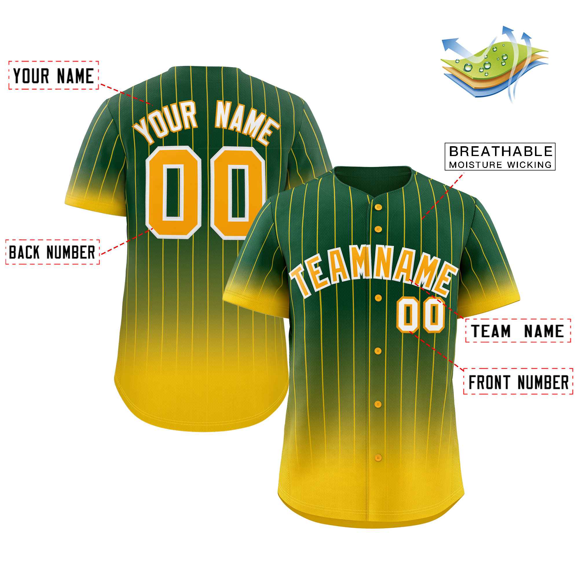Custom Green Gold-White Gradient Stripe Fashion Authentic Baseball Jersey - Image 2