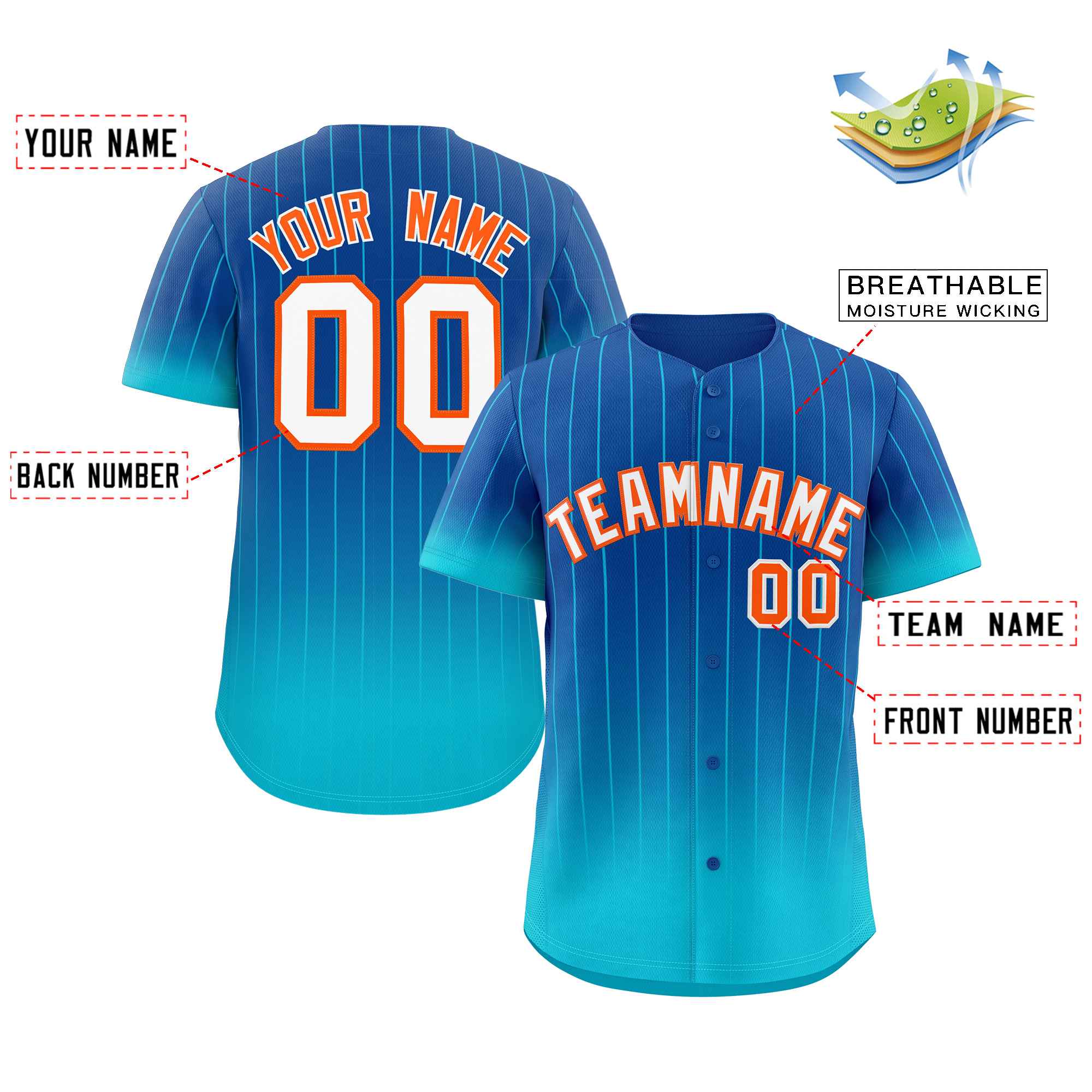 Custom Royal Sky Blue-Orange Gradient Stripe Fashion Authentic Baseball Jersey - Image 2