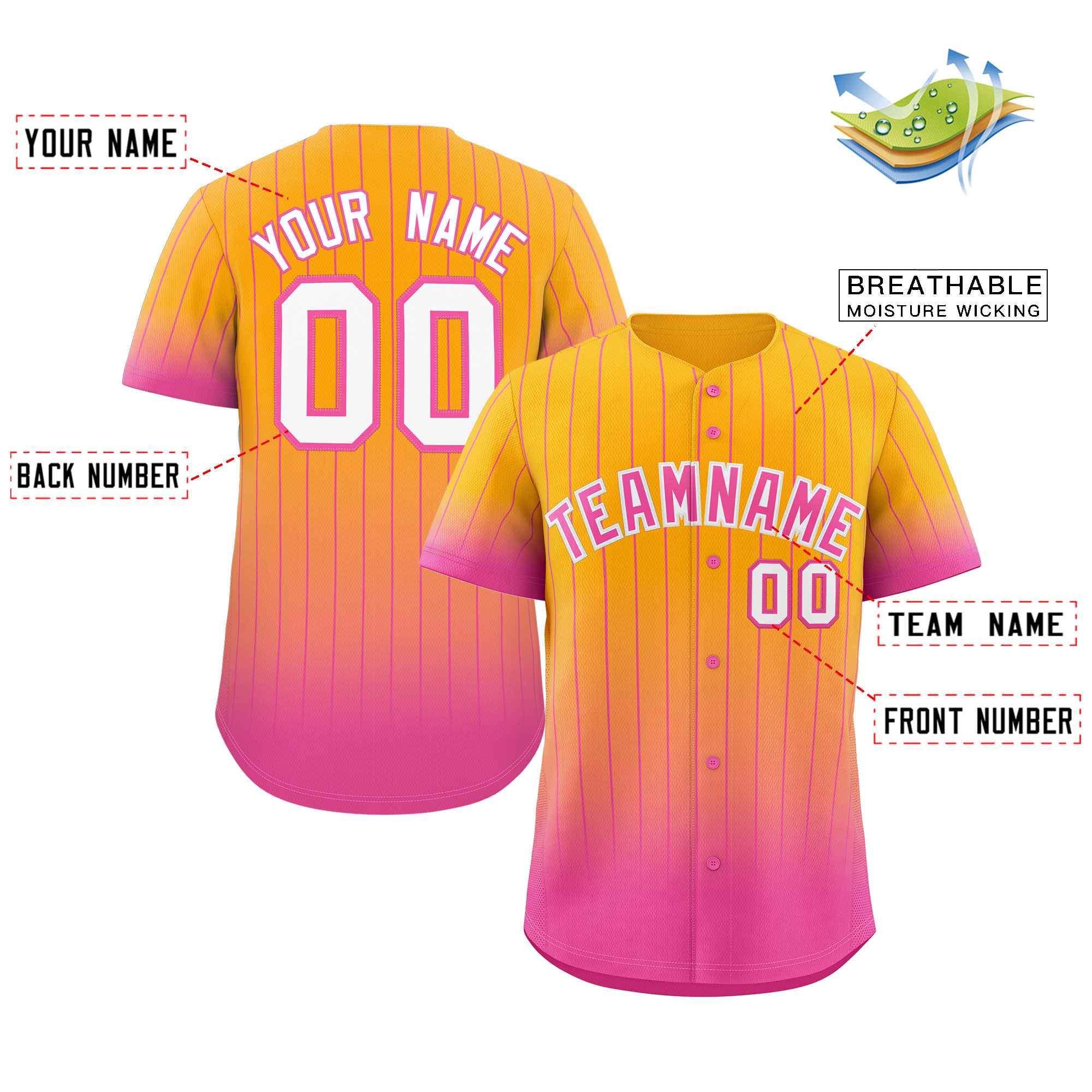 Custom Yellow Pink-White Gradient Stripe Fashion Authentic Baseball Jersey - Image 2