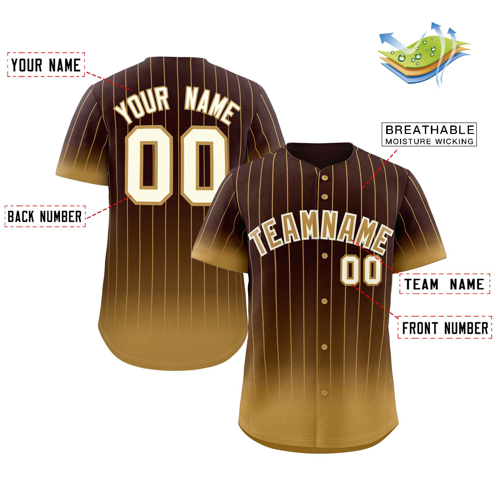 Custom Brown Old Gold-Cream Gradient Stripe Fashion Authentic Baseball Jersey - Image 2