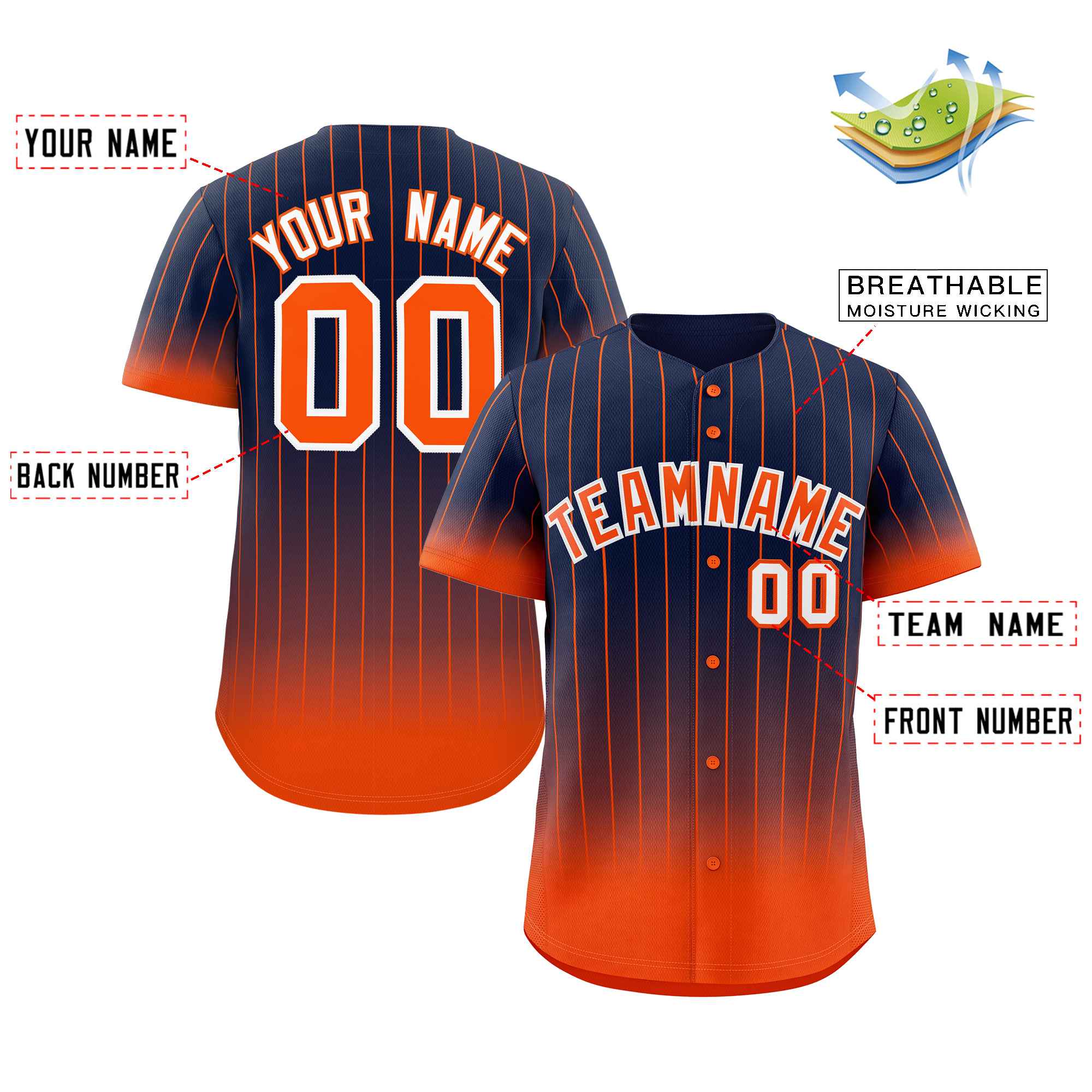 Custom Navy Orange-White Gradient Stripe Fashion Authentic Baseball Jersey - Image 2