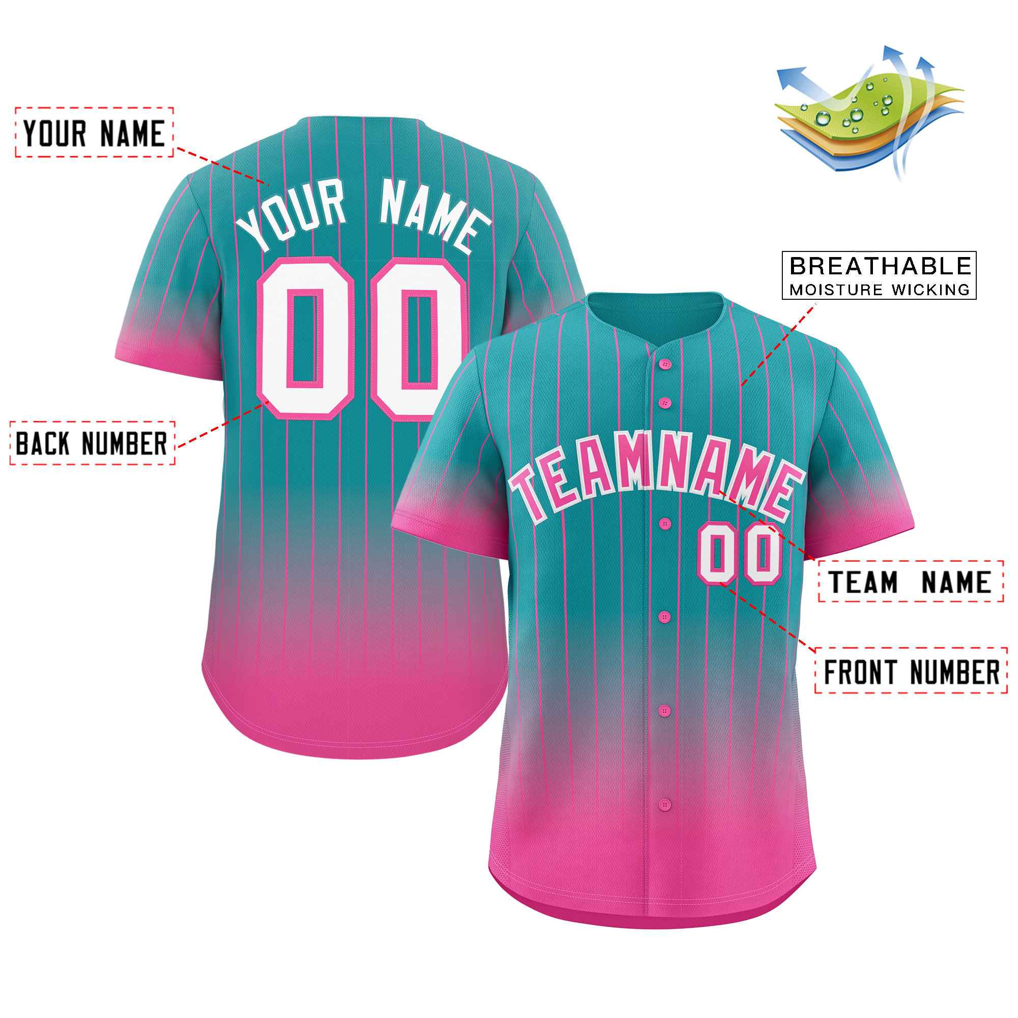 Custom Aqua Pink-White Gradient Stripe Fashion Authentic Baseball Jersey - Image 2