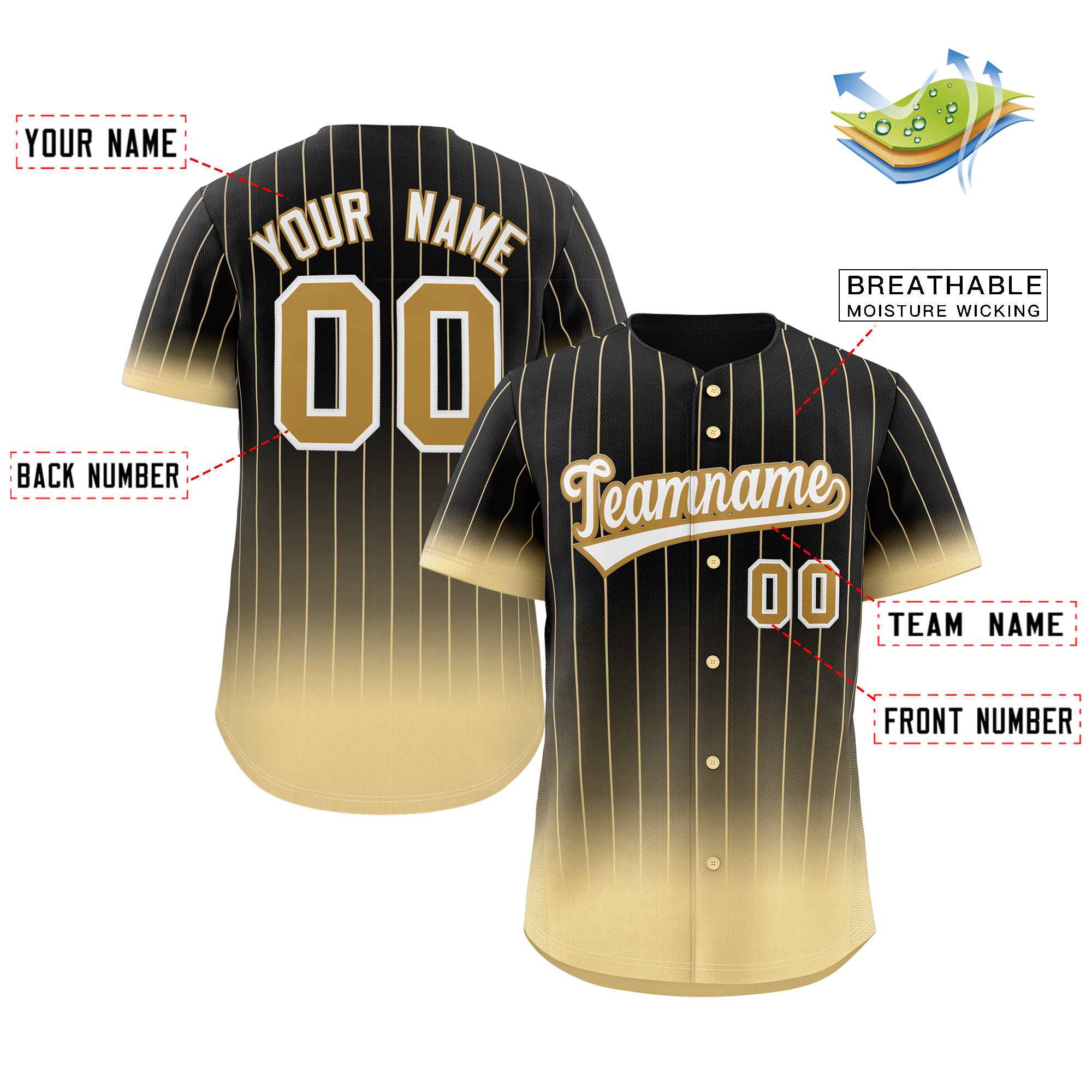 Custom Black Khaki-White Gradient Stripe Fashion Authentic Baseball Jersey - Image 2