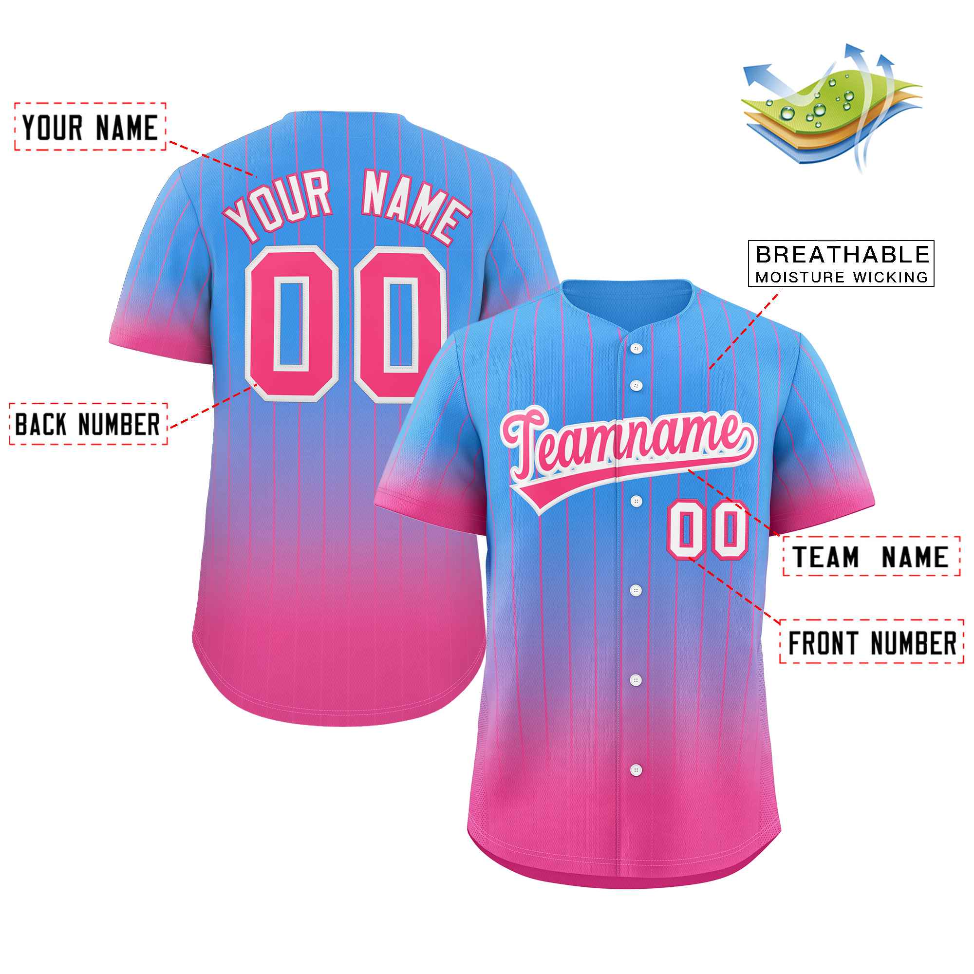 Custom Powder Blue Pink-White Gradient Stripe Fashion Authentic Baseball Jersey - Image 2