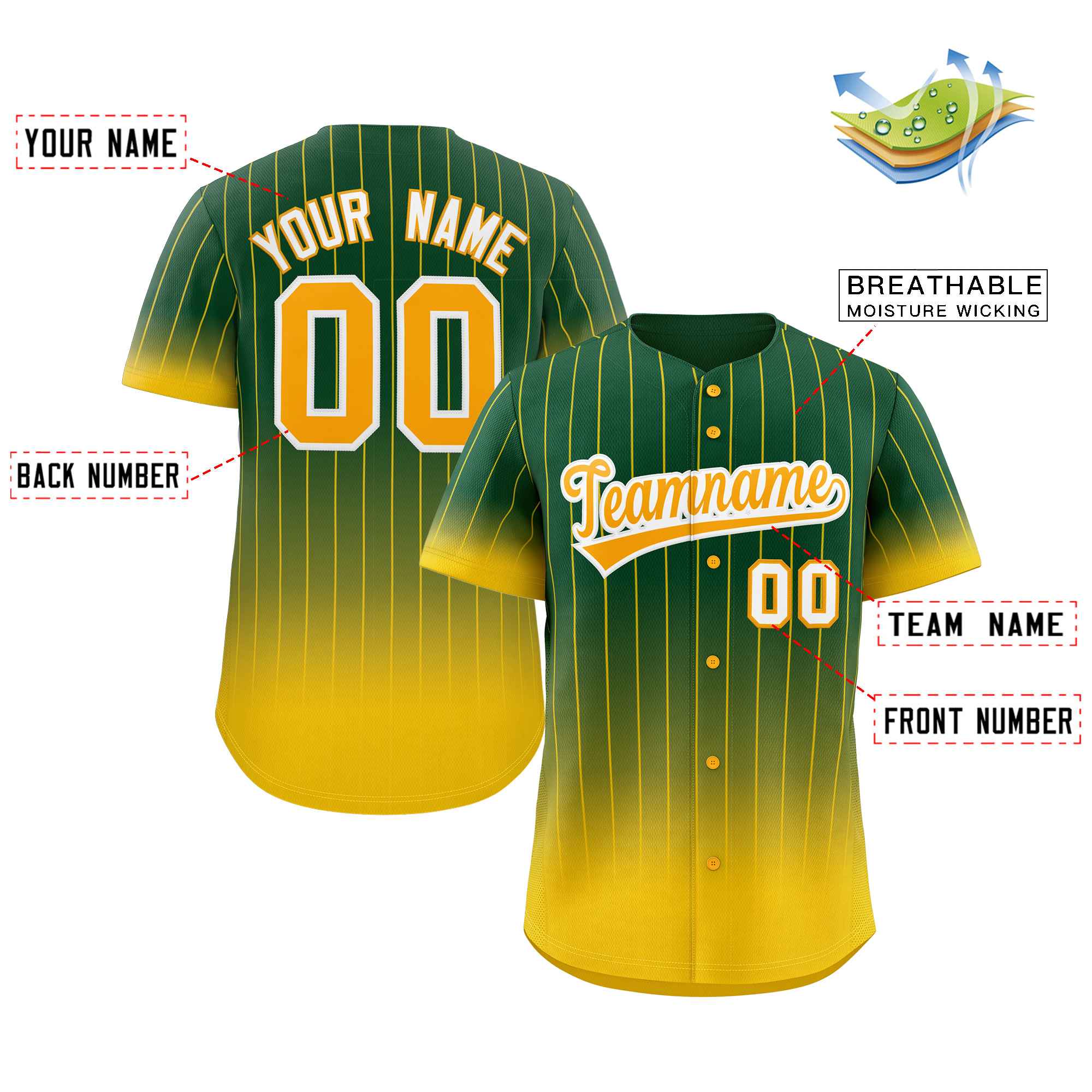 Custom Green Gold-White Gradient Stripe Fashion Authentic Baseball Jersey - Image 2
