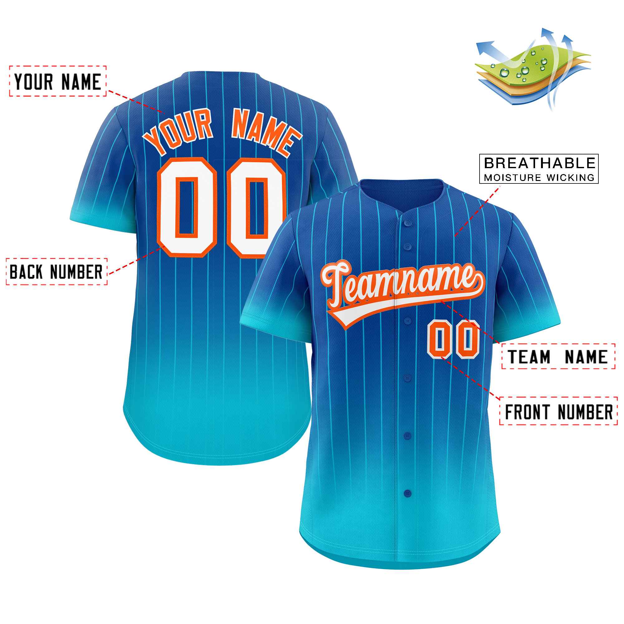 Custom Royal Sky Blue-Orange Gradient Stripe Fashion Authentic Baseball Jersey - Image 2