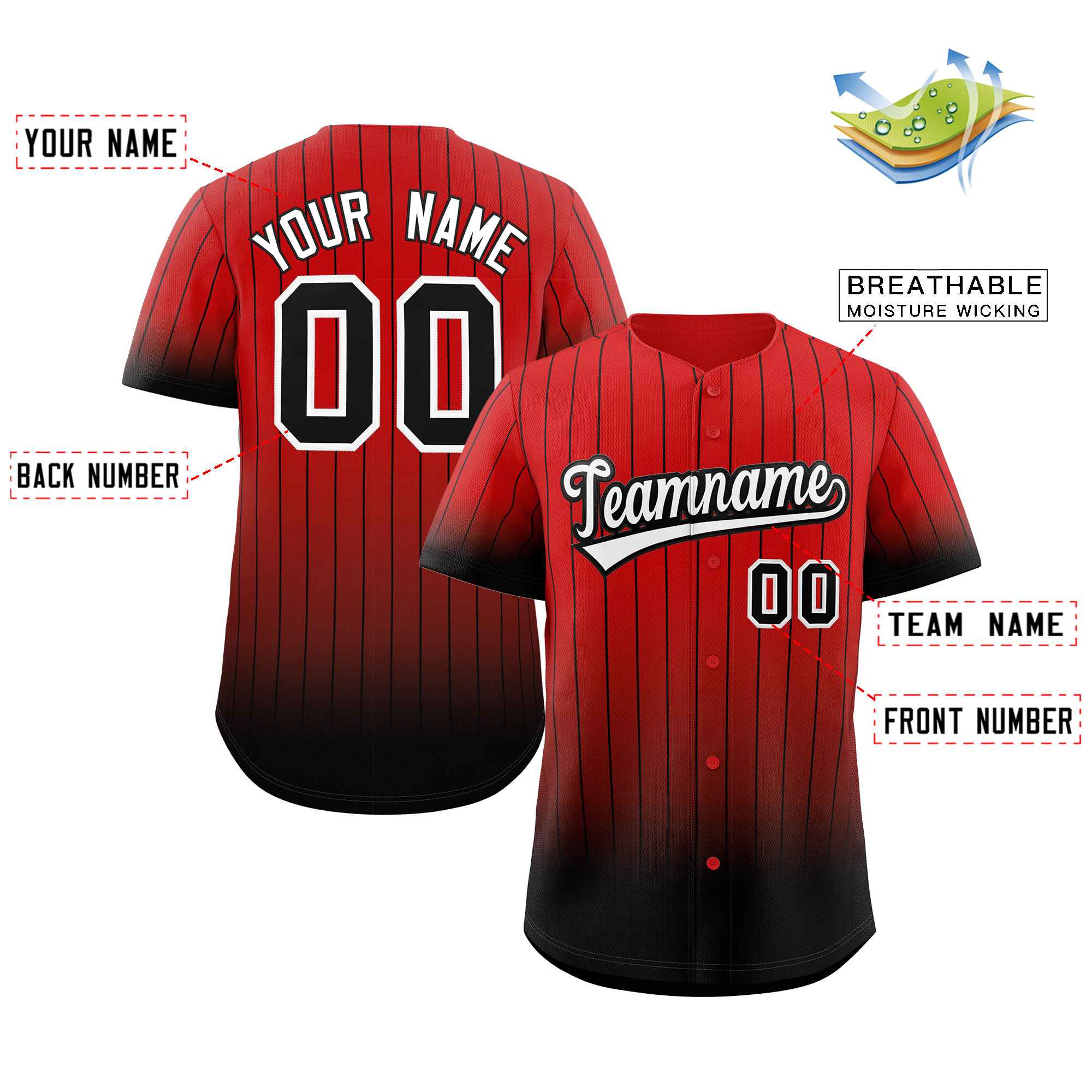 Custom Red Black-White Gradient Stripe Fashion Authentic Baseball Jersey - Image 2