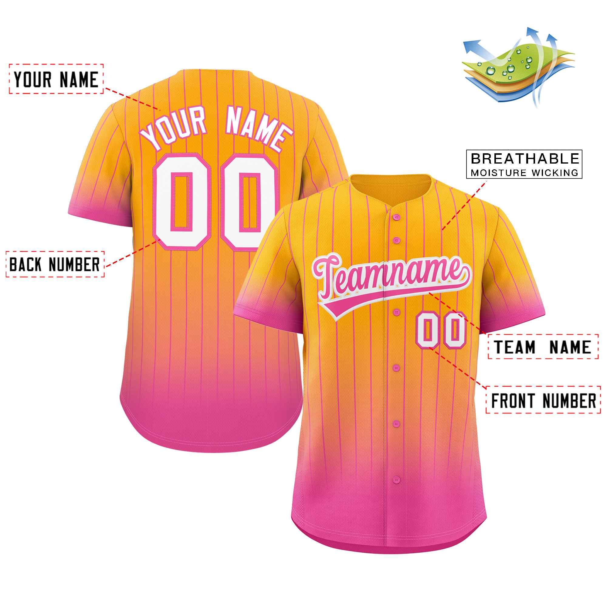 Custom Yellow Pink-White Gradient Stripe Fashion Authentic Baseball Jersey - Image 2