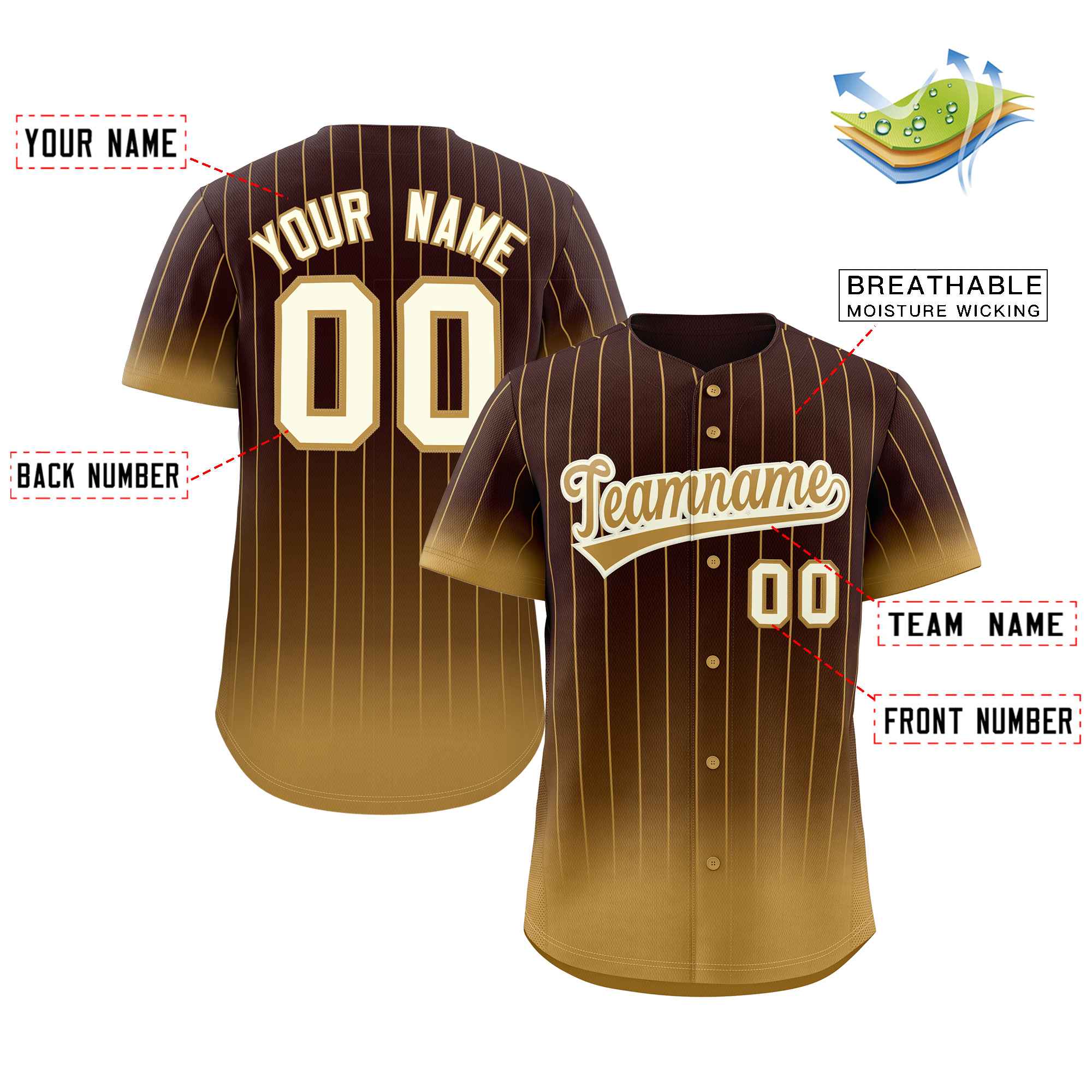Custom Brown Old Gold-Cream Gradient Stripe Fashion Authentic Baseball Jersey - Image 2