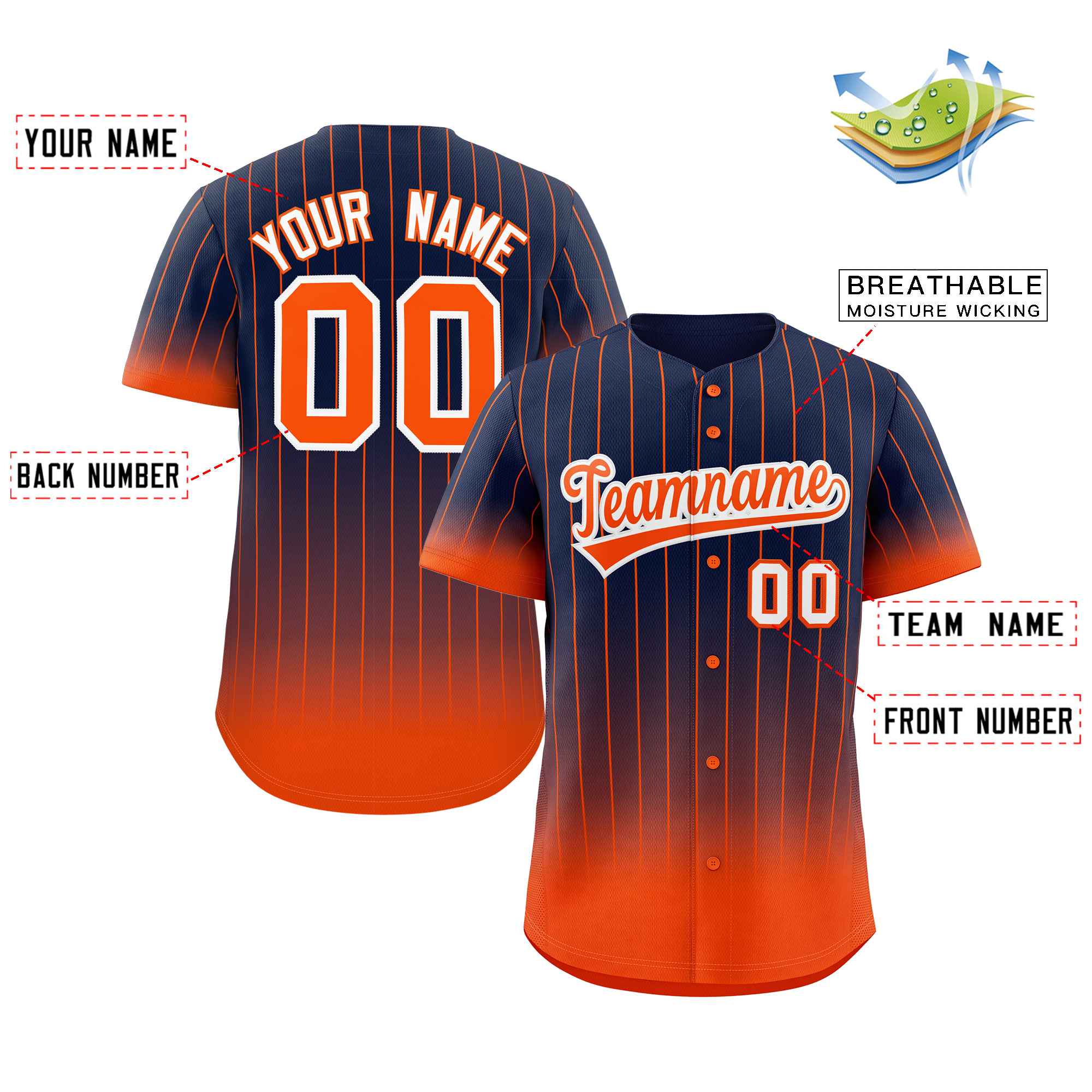 Custom Navy Orange-White Gradient Stripe Fashion Authentic Baseball Jersey - Image 2