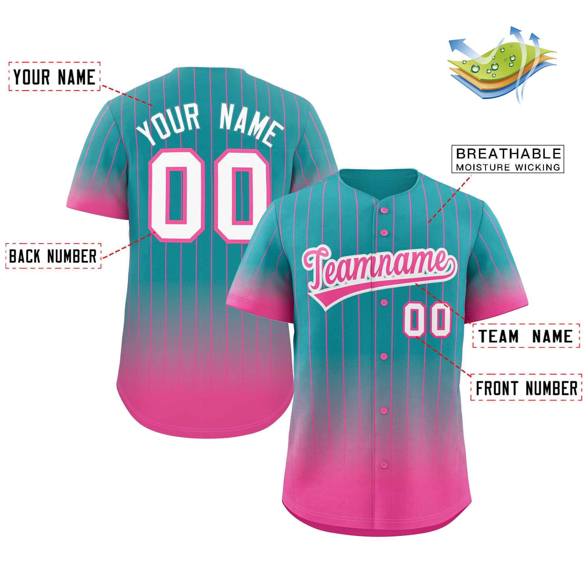 Custom Aqua Pink-White Gradient Stripe Fashion Authentic Baseball Jersey - Image 2