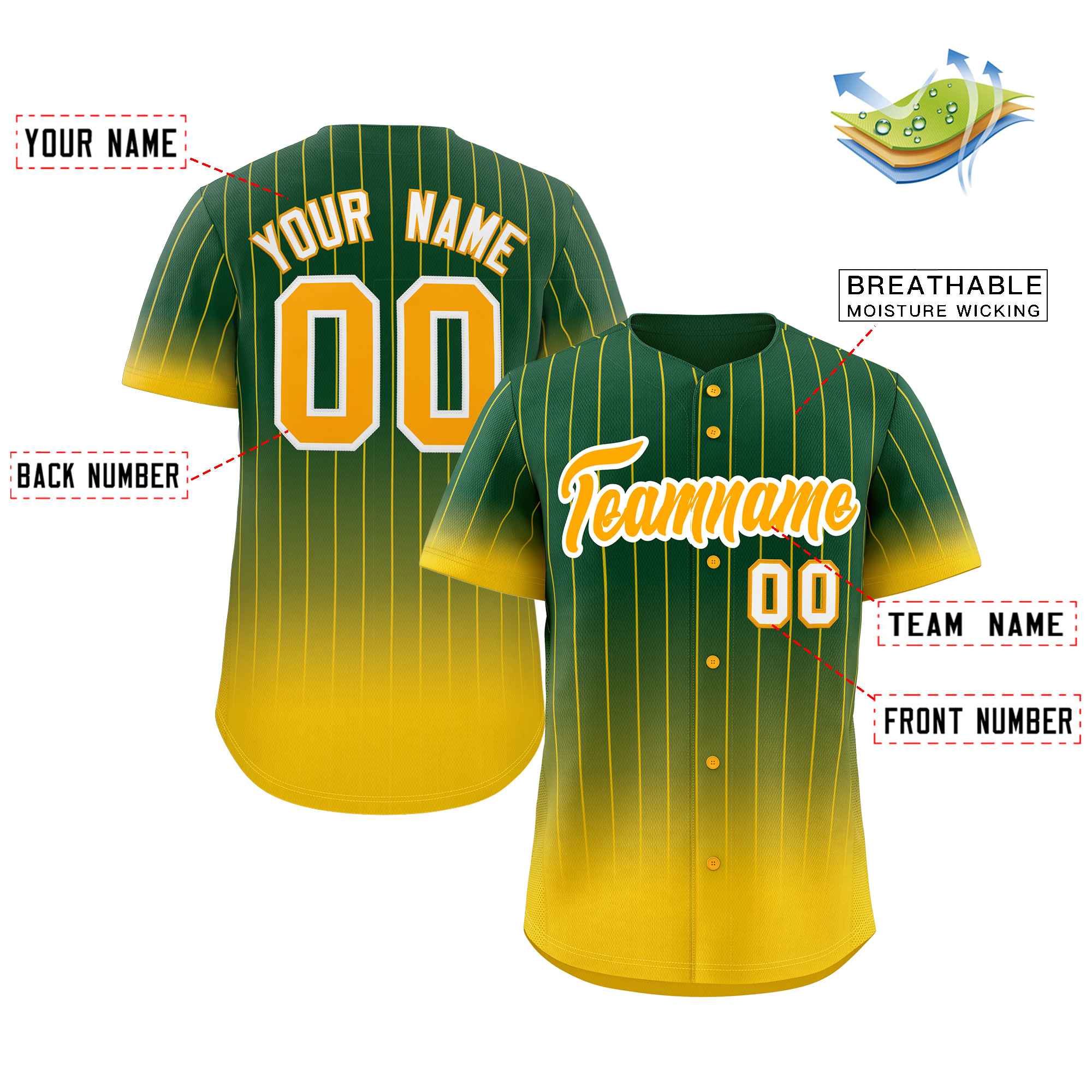 Custom Green Gold-White Gradient Stripe Fashion Authentic Baseball Jersey - Image 2