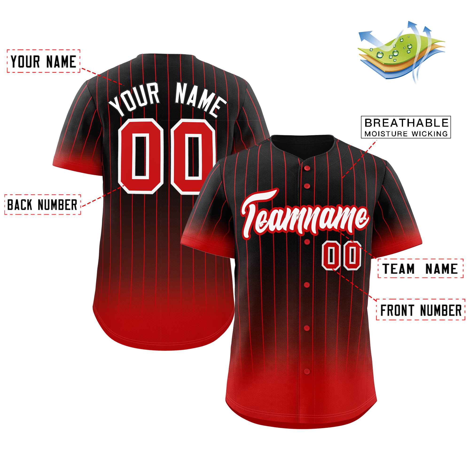 Custom Black Red-White Gradient Stripe Fashion Authentic Baseball Jersey - Image 2