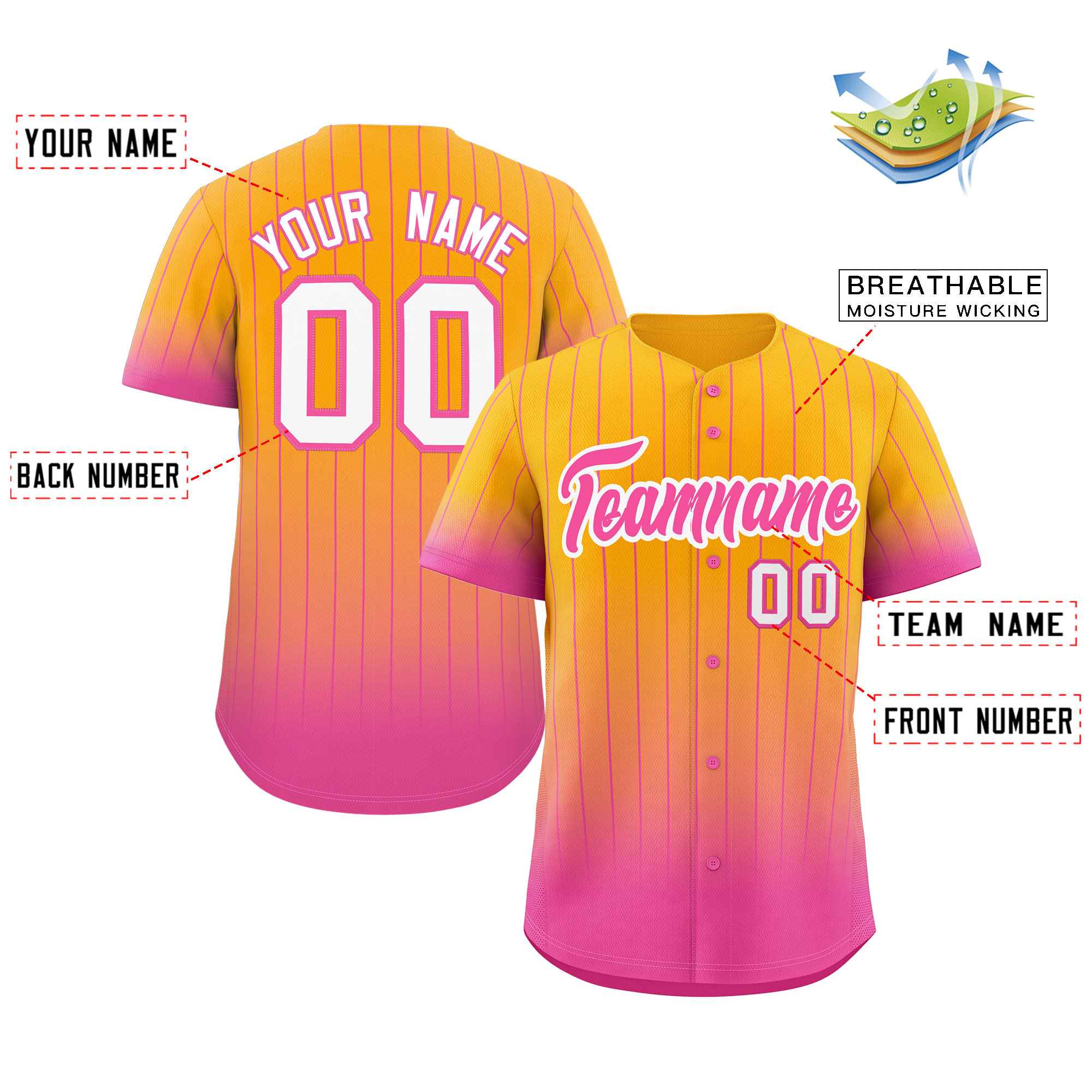 Custom Yellow Pink-White Gradient Stripe Fashion Authentic Baseball Jersey - Image 2