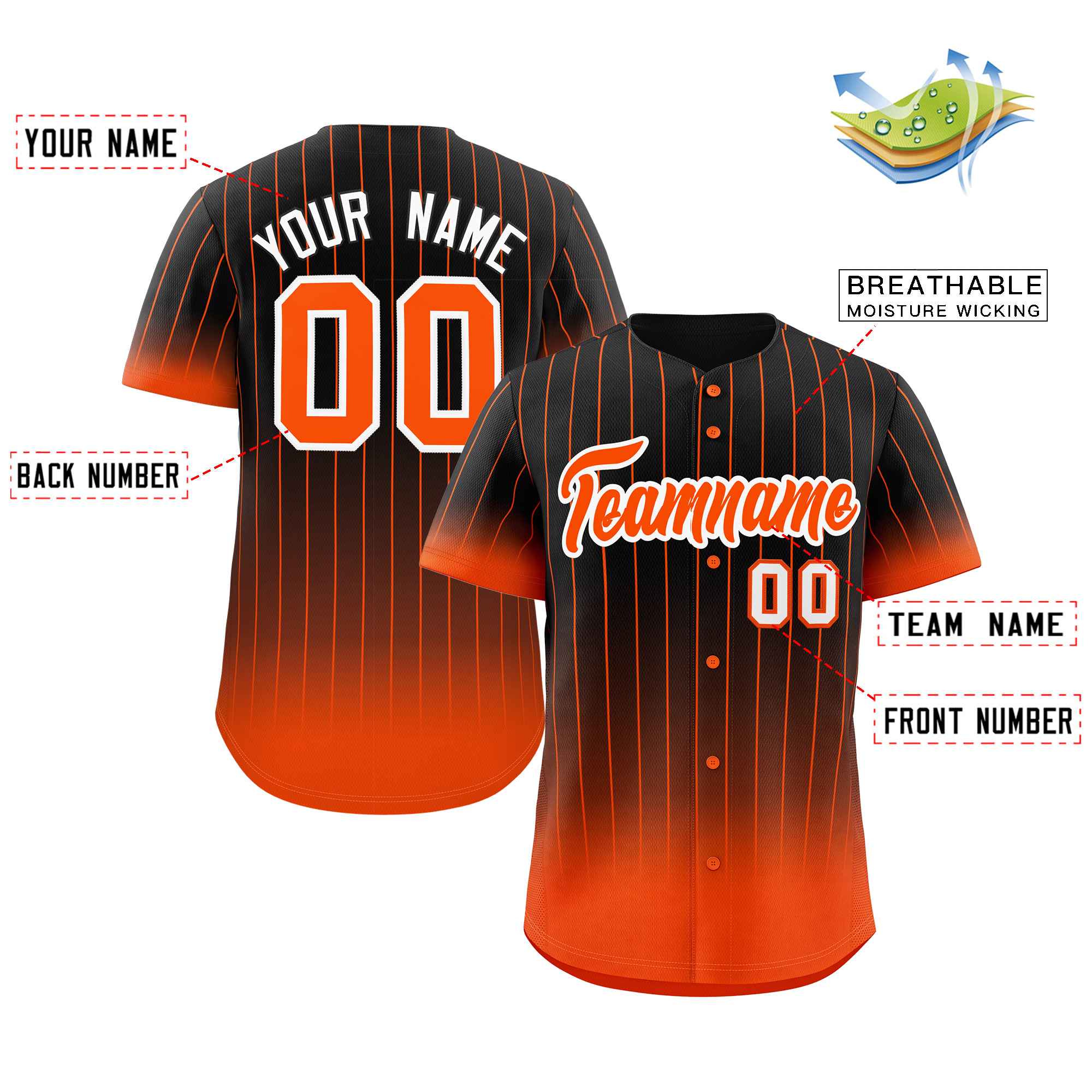Custom Black Orange-White Gradient Stripe Fashion Authentic Baseball Jersey - Image 2