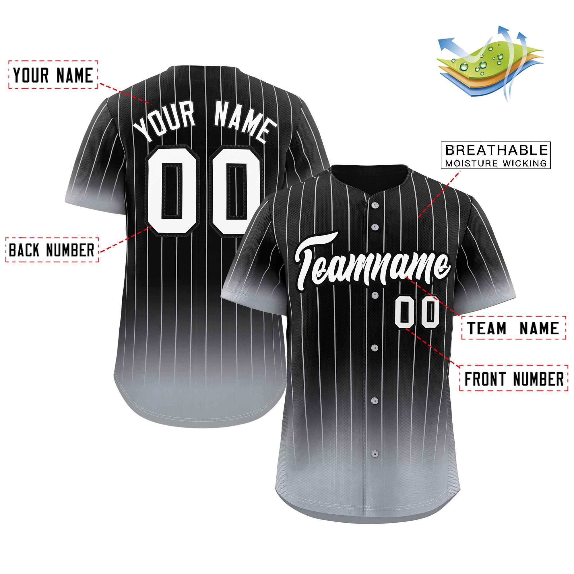 Custom Black Gray-White Gradient Stripe Fashion Authentic Baseball Jersey - Image 2