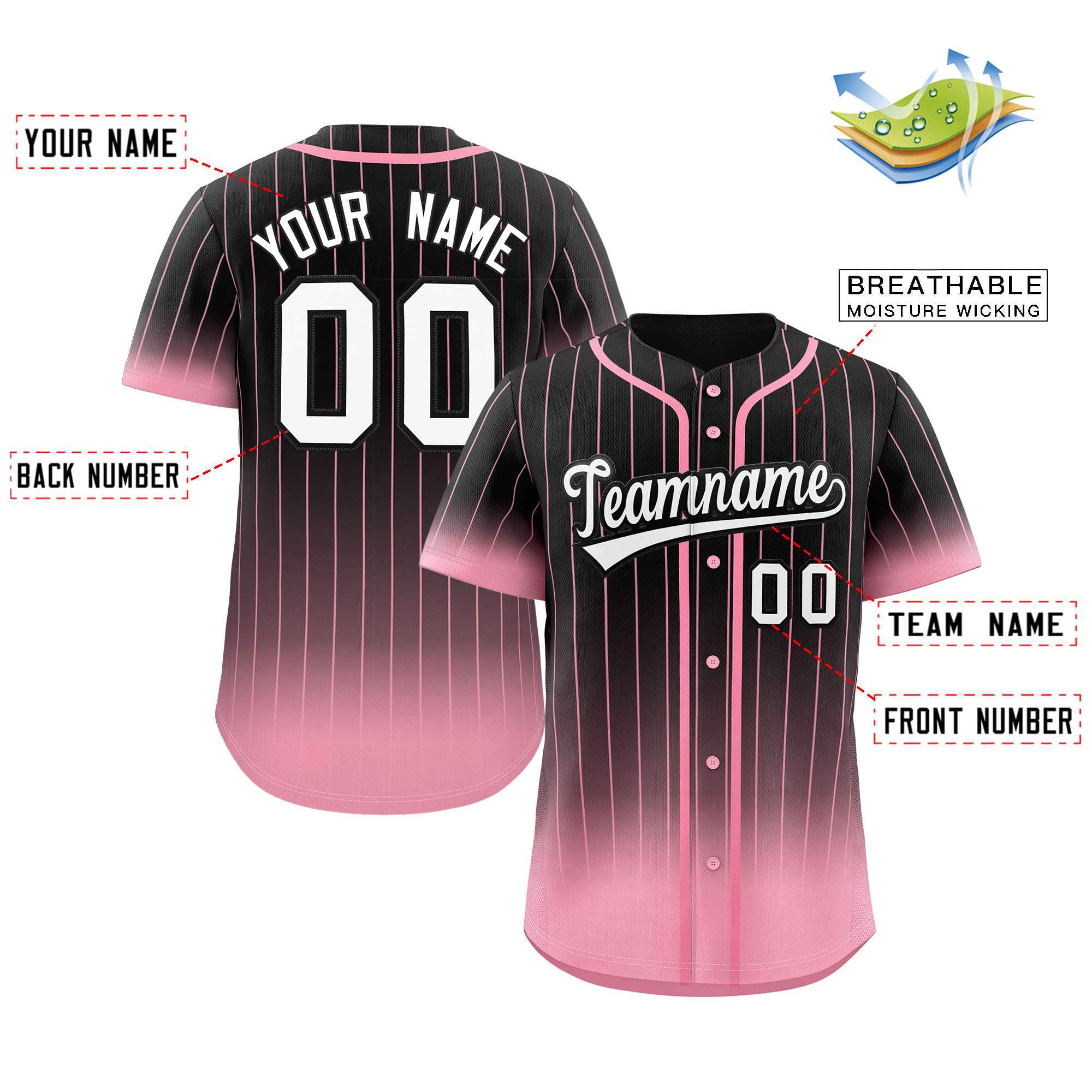 Custom Black Pink-White Gradient Stripe Fashion Authentic Baseball Jersey - Image 2