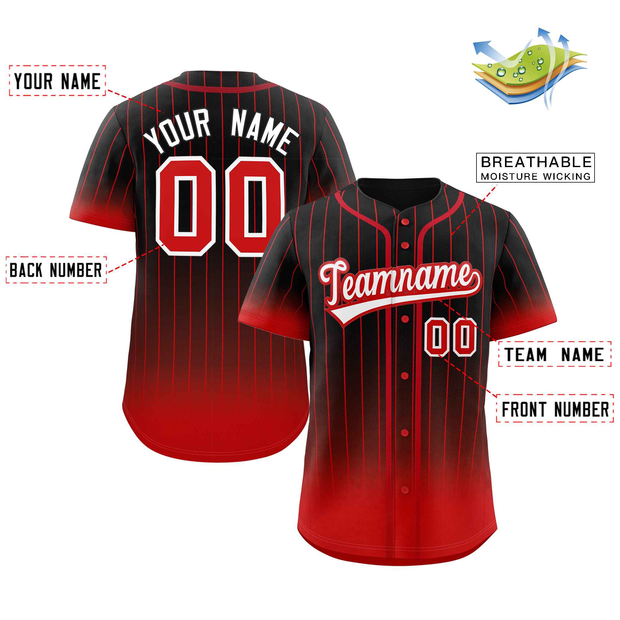 Custom Black Red-White Gradient Stripe Fashion Authentic Baseball Jersey - Image 2