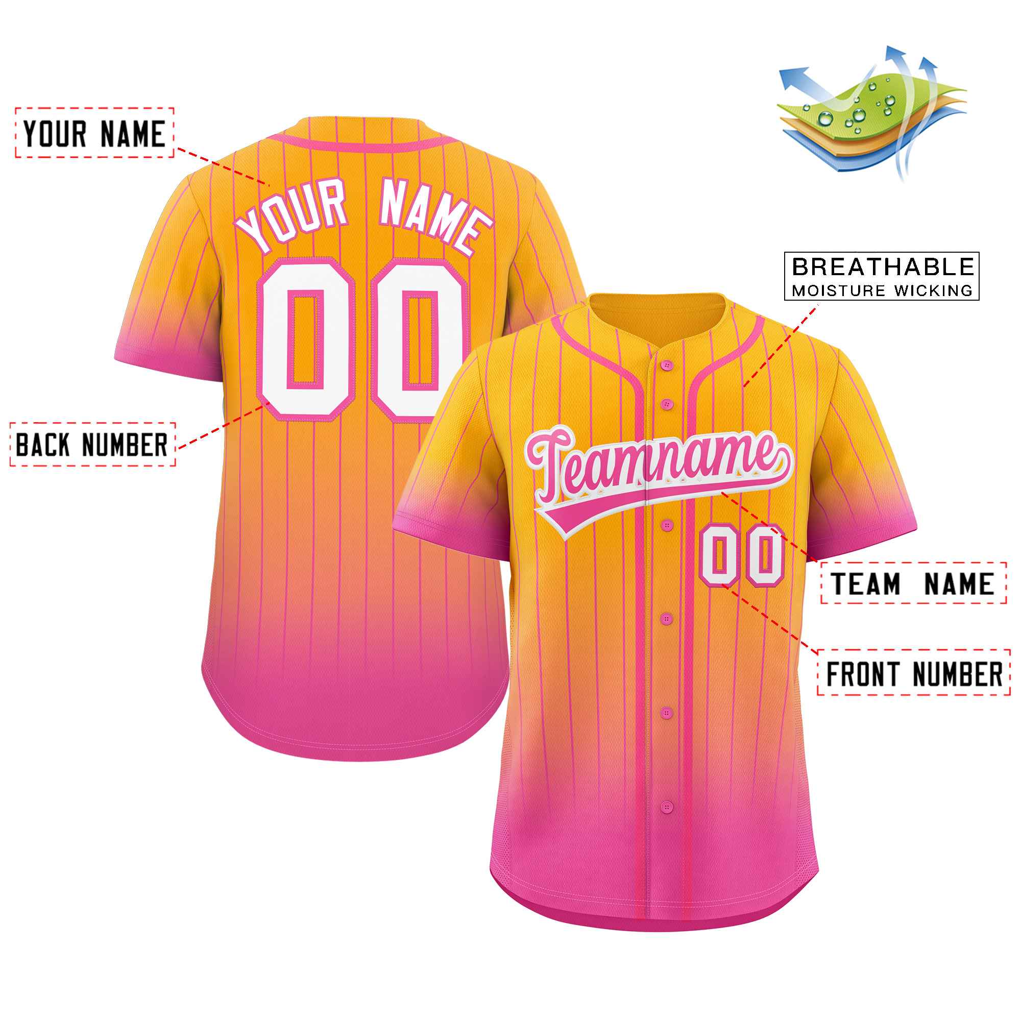Custom Yellow Pink-White Gradient Stripe Fashion Authentic Baseball Jersey - Image 2