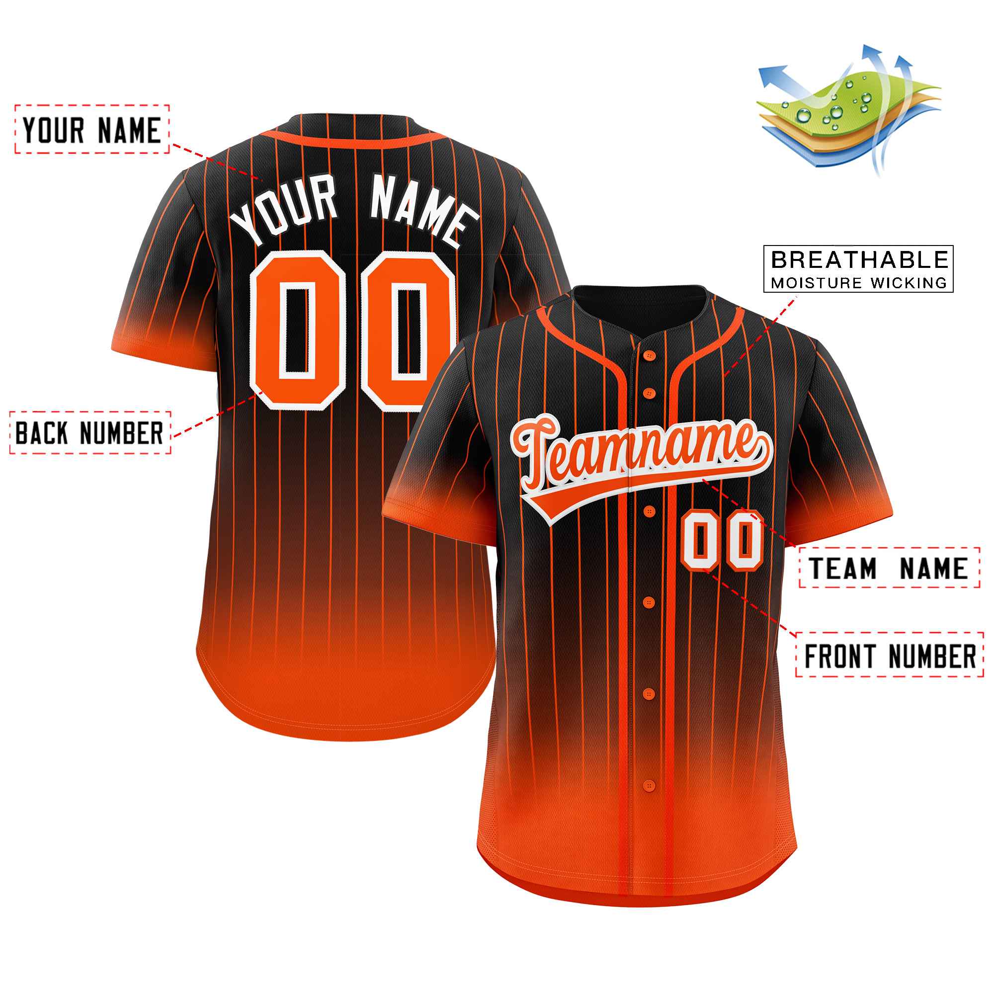 Custom Black Orange-White Gradient Stripe Fashion Authentic Baseball Jersey - Image 2