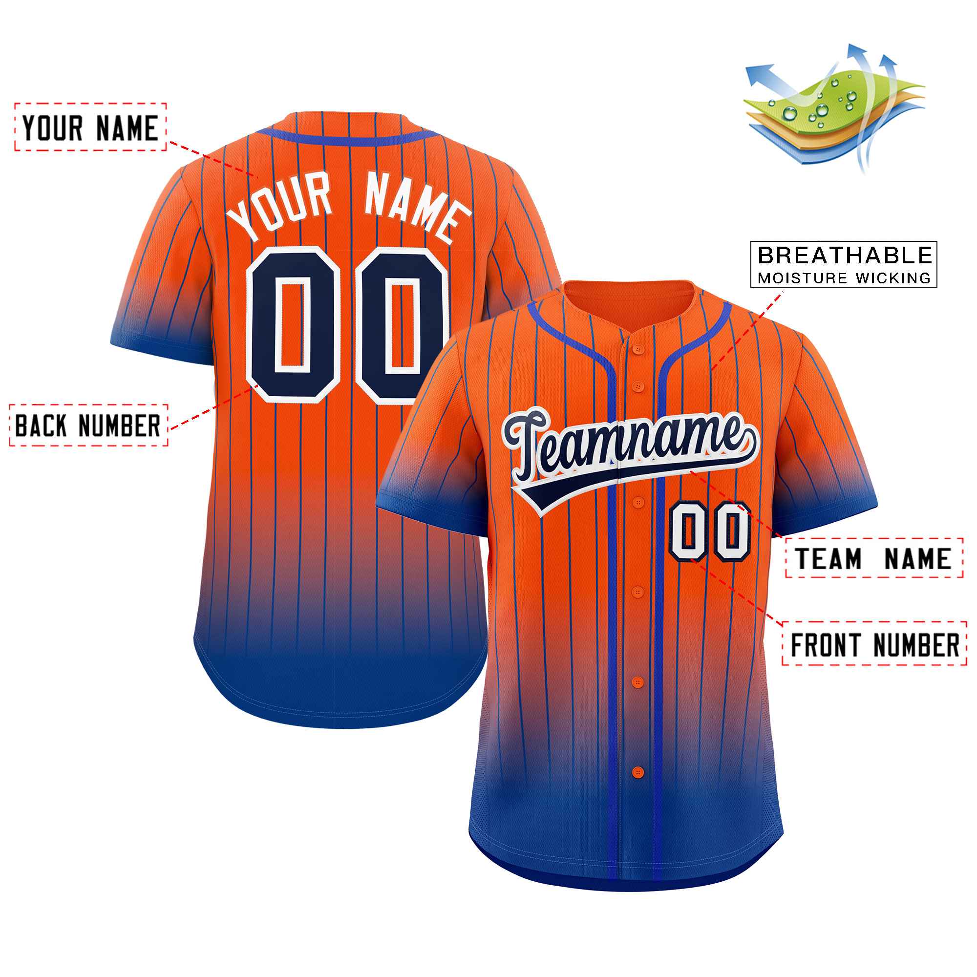 Custom Orange Royal-White Gradient Stripe Fashion Authentic Baseball Jersey - Image 2