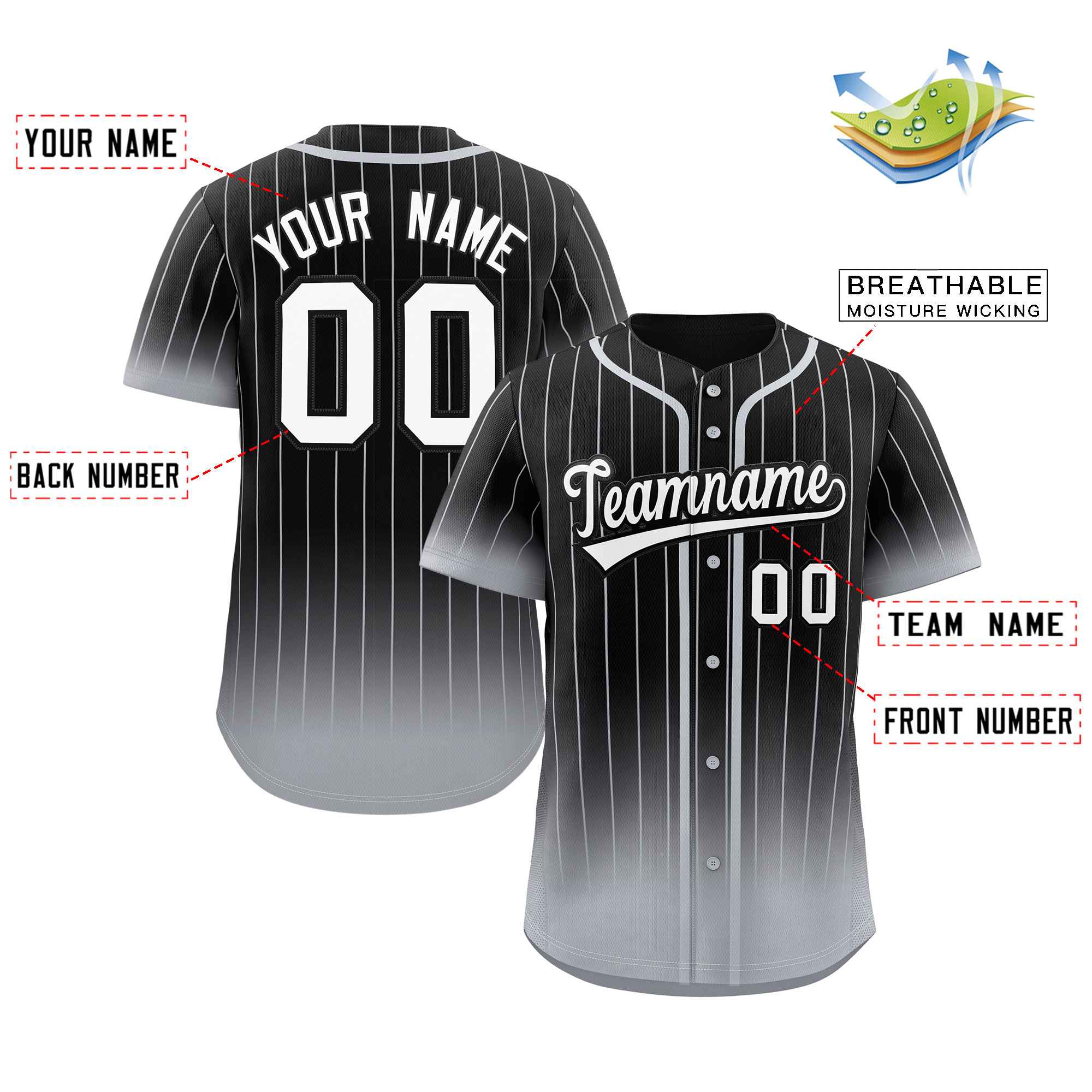 Custom Black Gray-White Gradient Stripe Fashion Authentic Baseball Jersey - Image 2