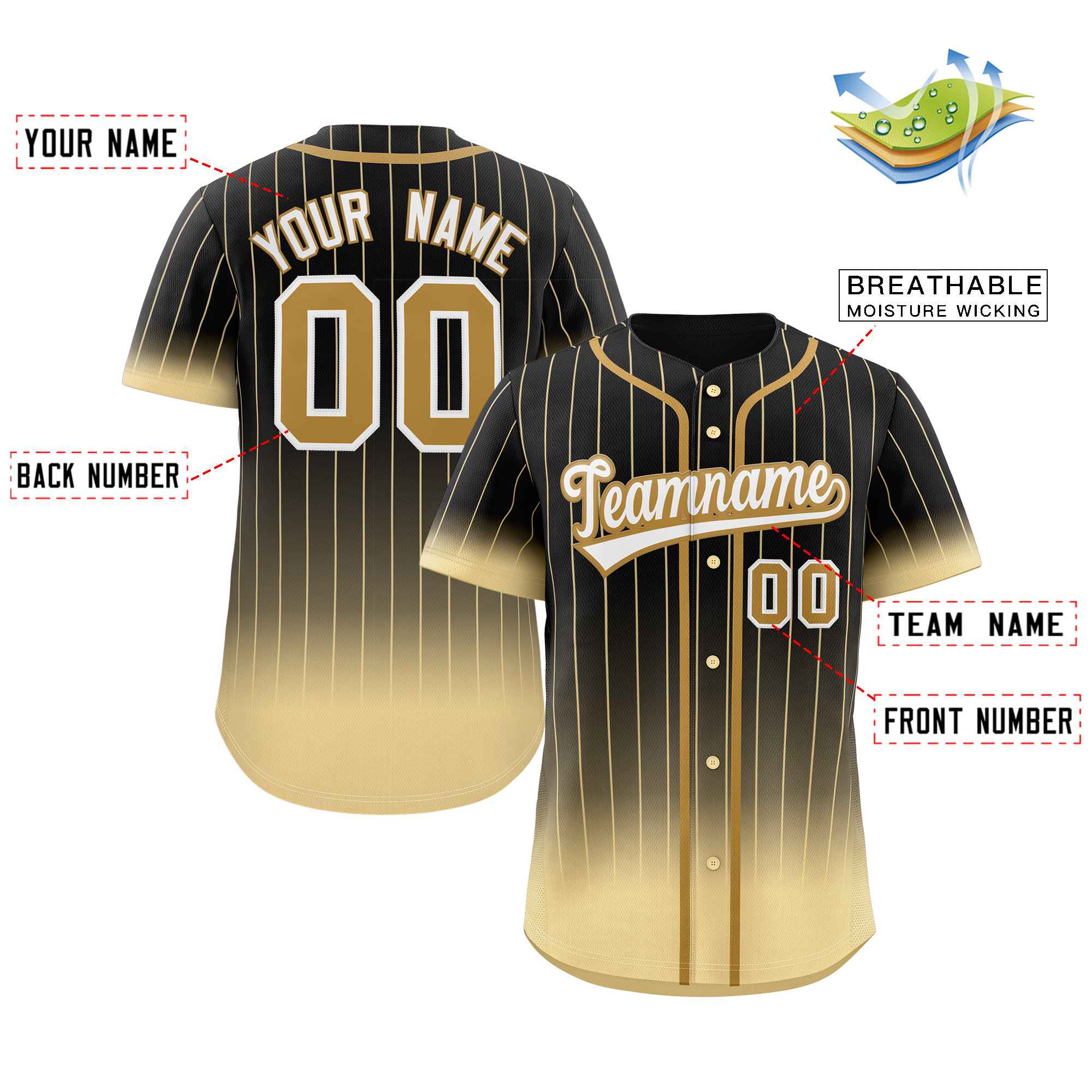 Custom Black Khaki-White Gradient Stripe Fashion Authentic Baseball Jersey - Image 2