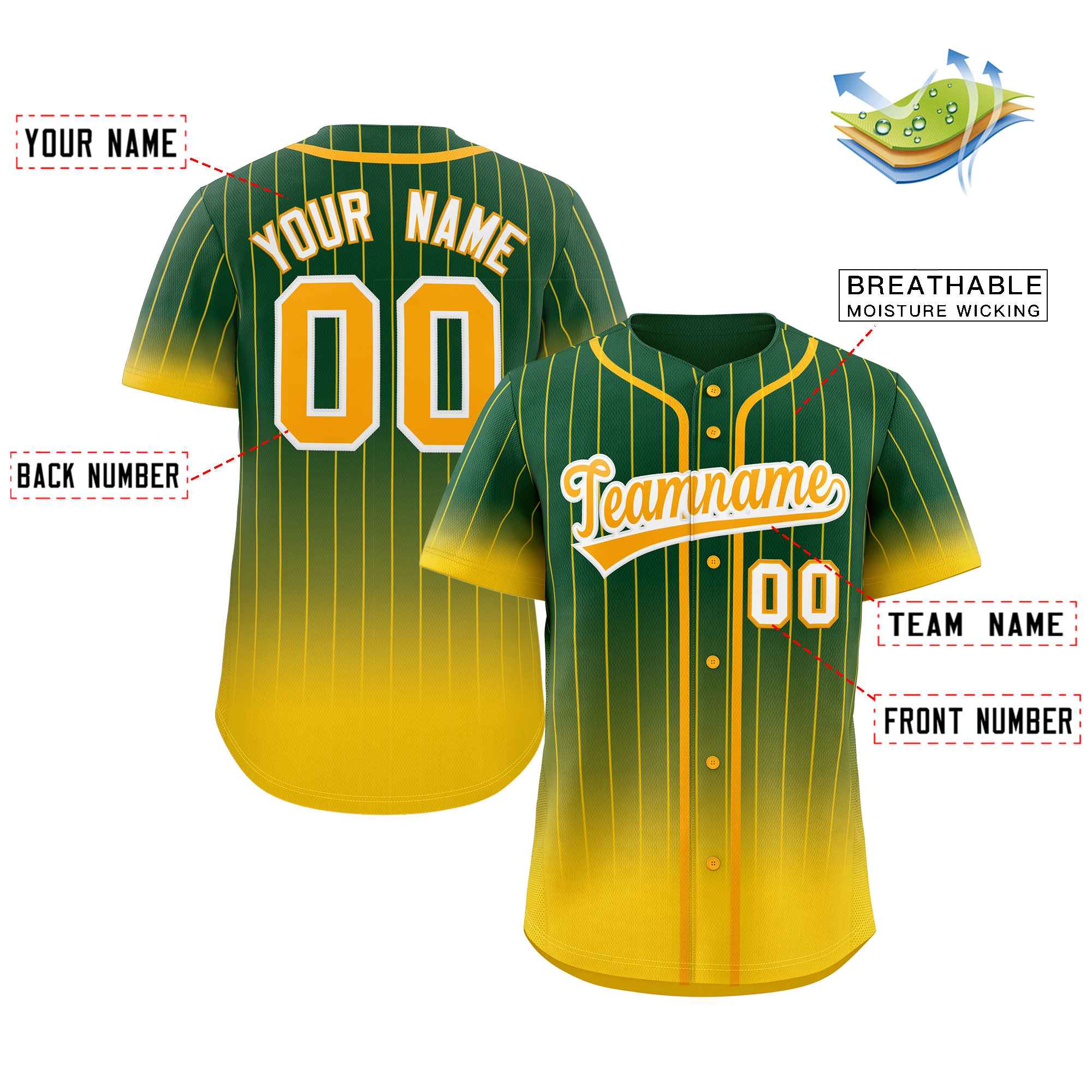 Custom Green Gold-White Gradient Stripe Fashion Authentic Baseball Jersey - Image 2