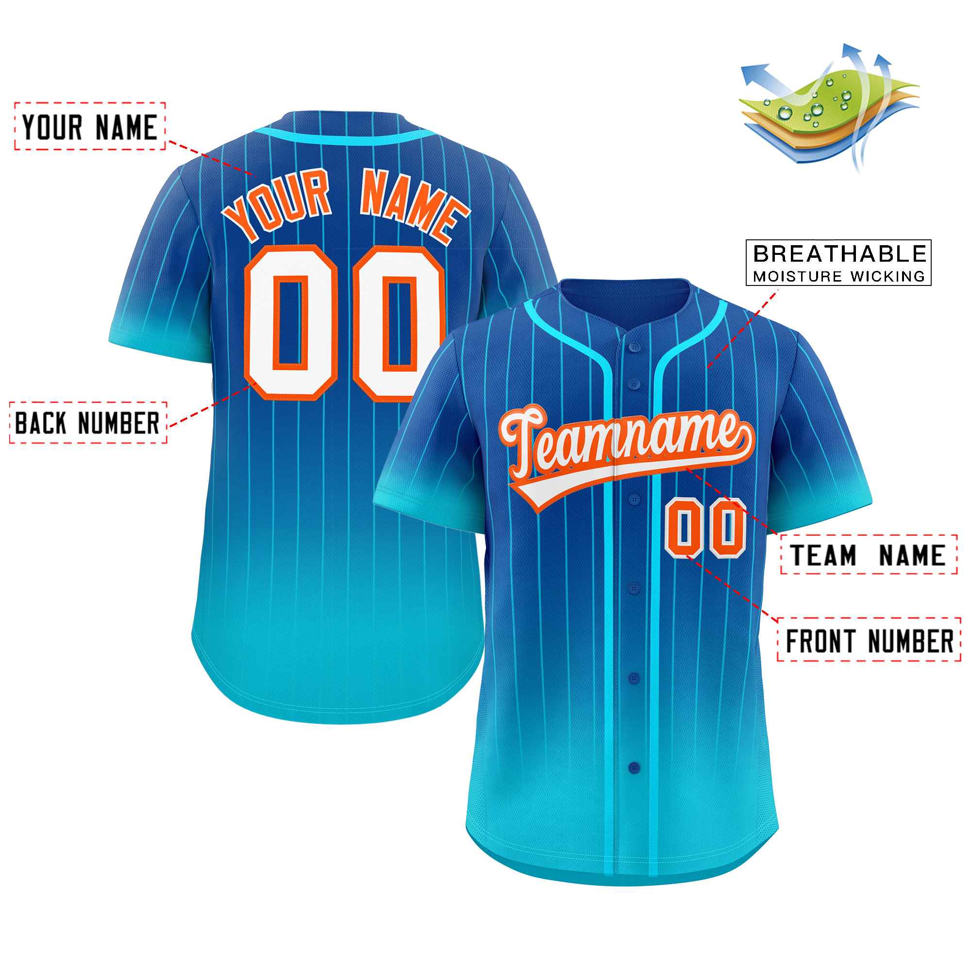 Custom Royal Sky Blue-Orange Gradient Stripe Fashion Authentic Baseball Jersey - Image 2