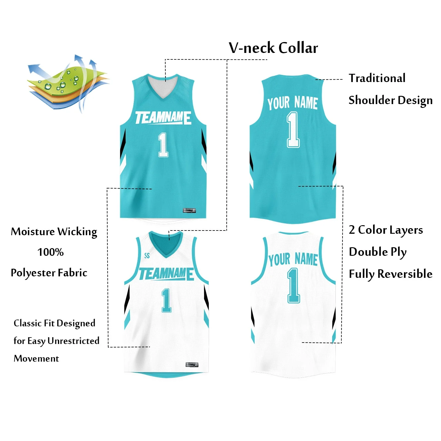 Custom Aqua White Double Side Tops Athletic Basketball Jersey - Image 4