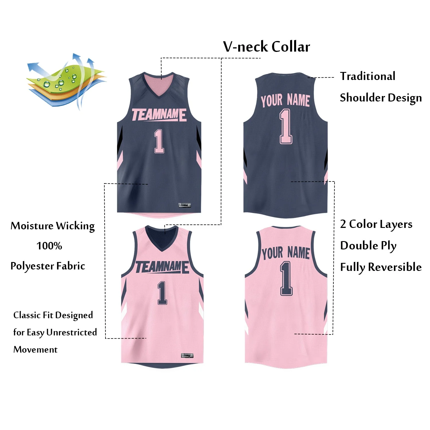 Custom Gray Pink Double Side Tops Athletic Basketball Jersey - Image 2