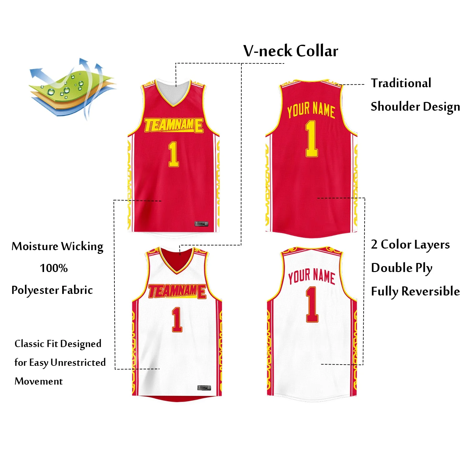 Custom Red White Double Side Tops Athletic Basketball Jersey - Image 2