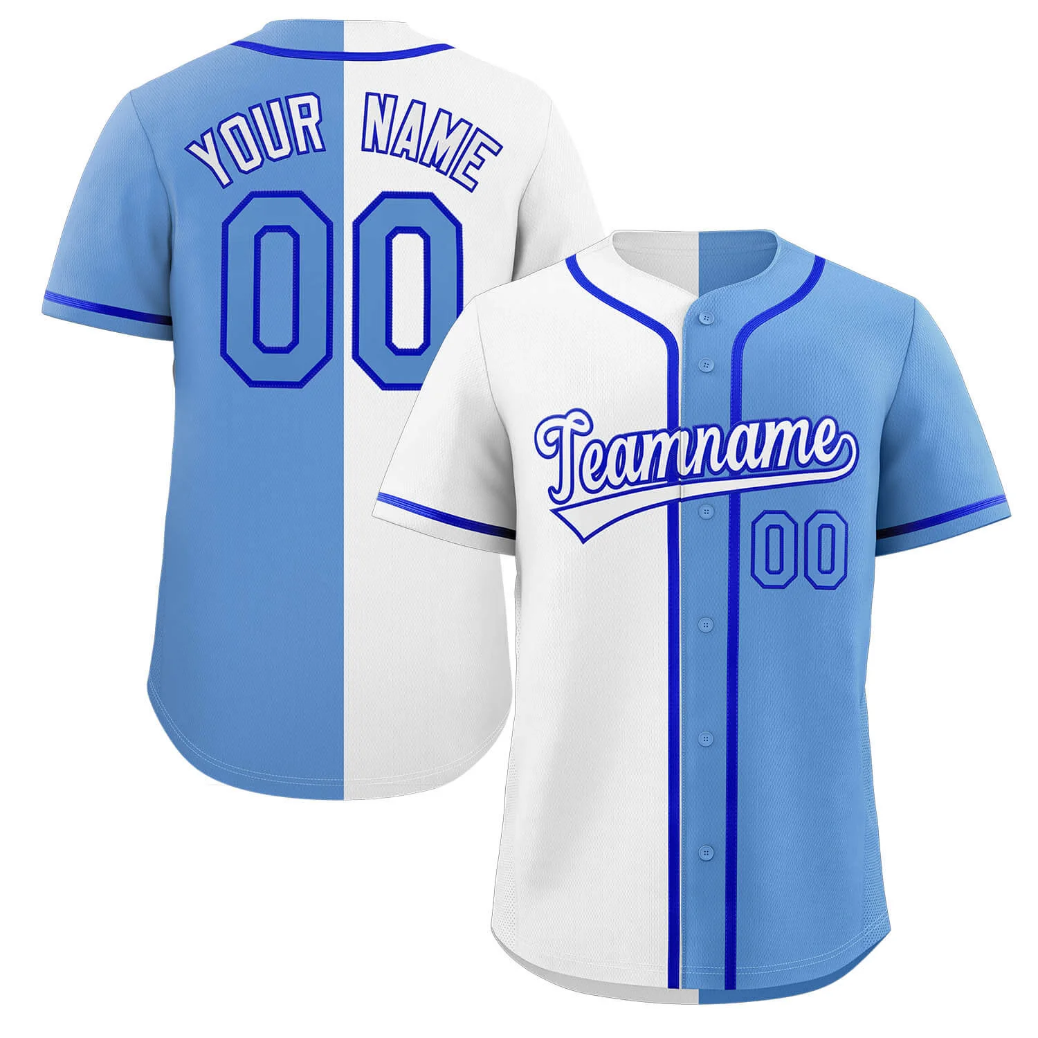 Custom White Light Blue-Royal Split Fashion Authentic Baseball Jersey
