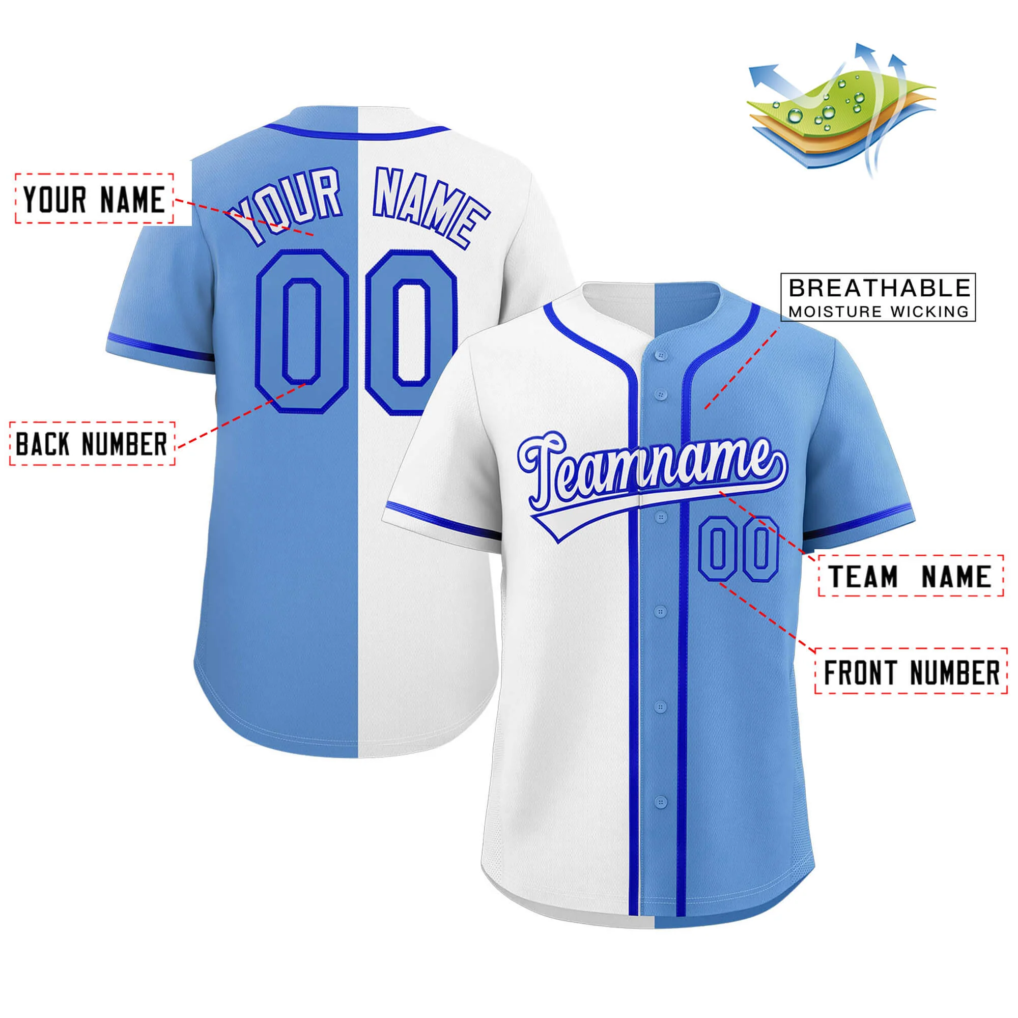 Custom White Light Blue-Royal Split Fashion Authentic Baseball Jersey - Image 2